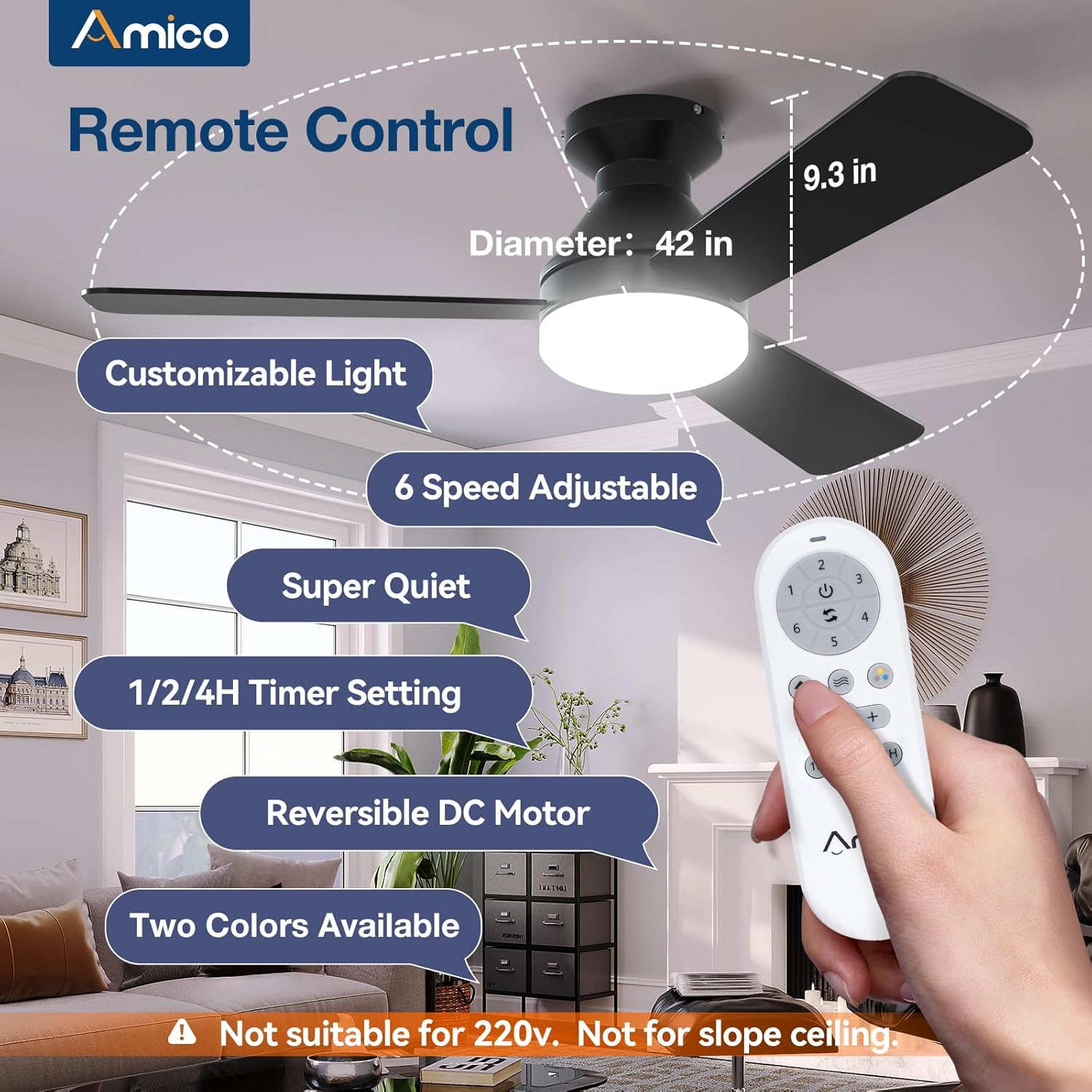 Detalle 2 de Amico 42-inch Low Profile Ceiling Fan with Light 💡🪟