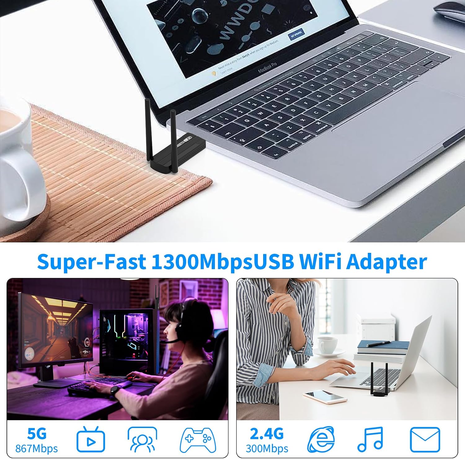 Detalle de USB WLAN Stick Adapter für PC – 1300 Mbps, USB 3.0, Dual Band 2.4/5.8 GHz mit 2x5 dBi Antennen