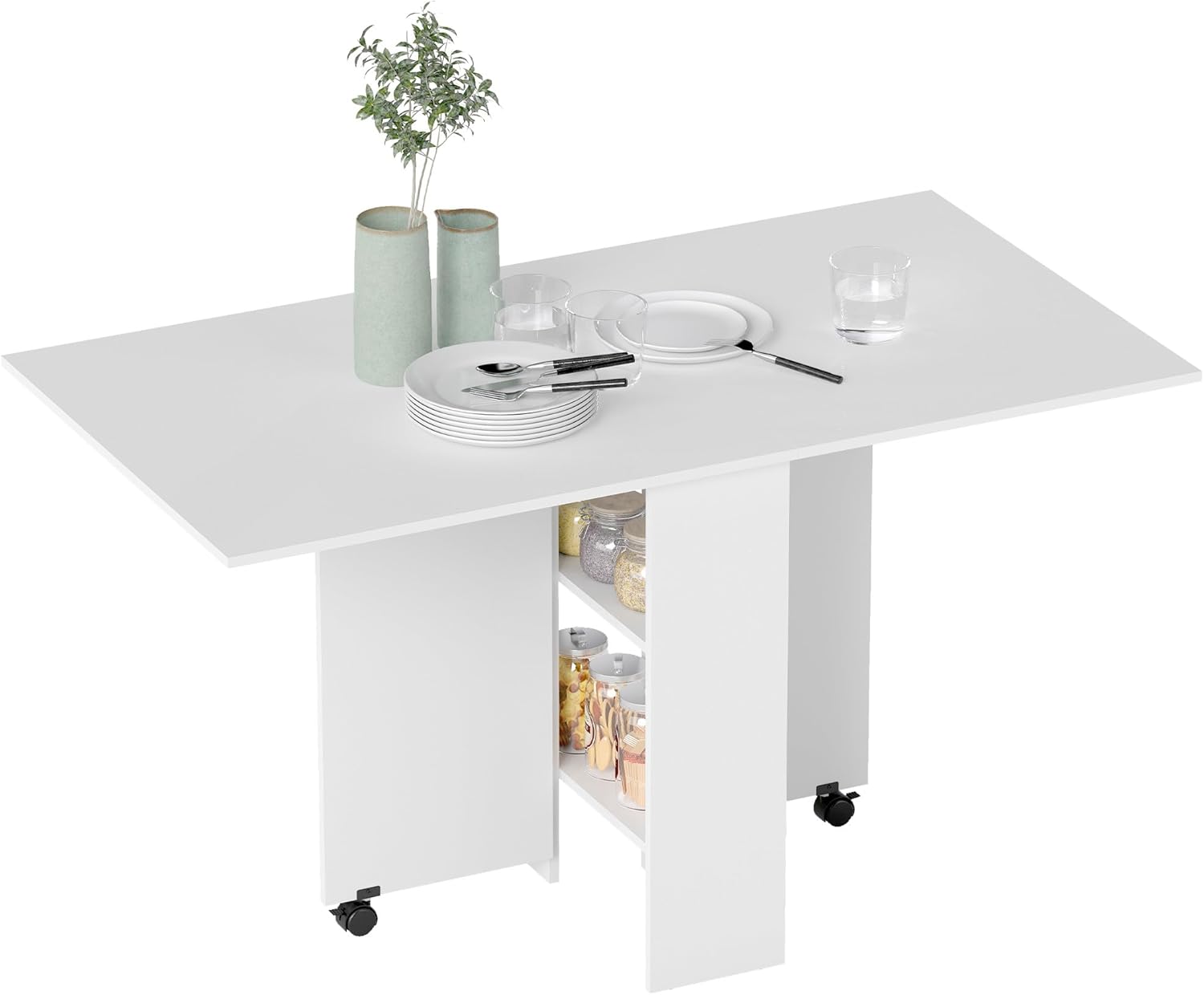 HOMCOM Table pliante de cuisine extensible sur roulettes, 2 étagères intégrées, 75 x 140 x 74 cm, blanc