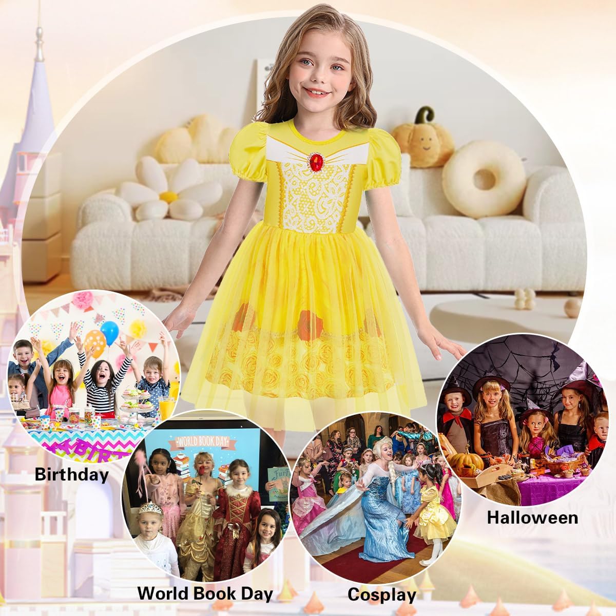 Detalle de Benylion Girls’ Princess Tulle Dress with Puff Sleeves and 3D Diamond Print