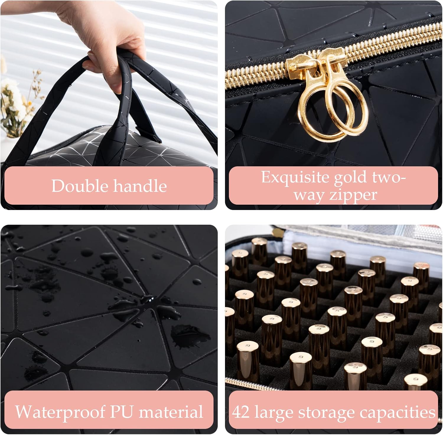 Detalle de Uross Nail Polish Organizer Bag (holds 42 bottles) — Black nail storage case for polish and nail tools