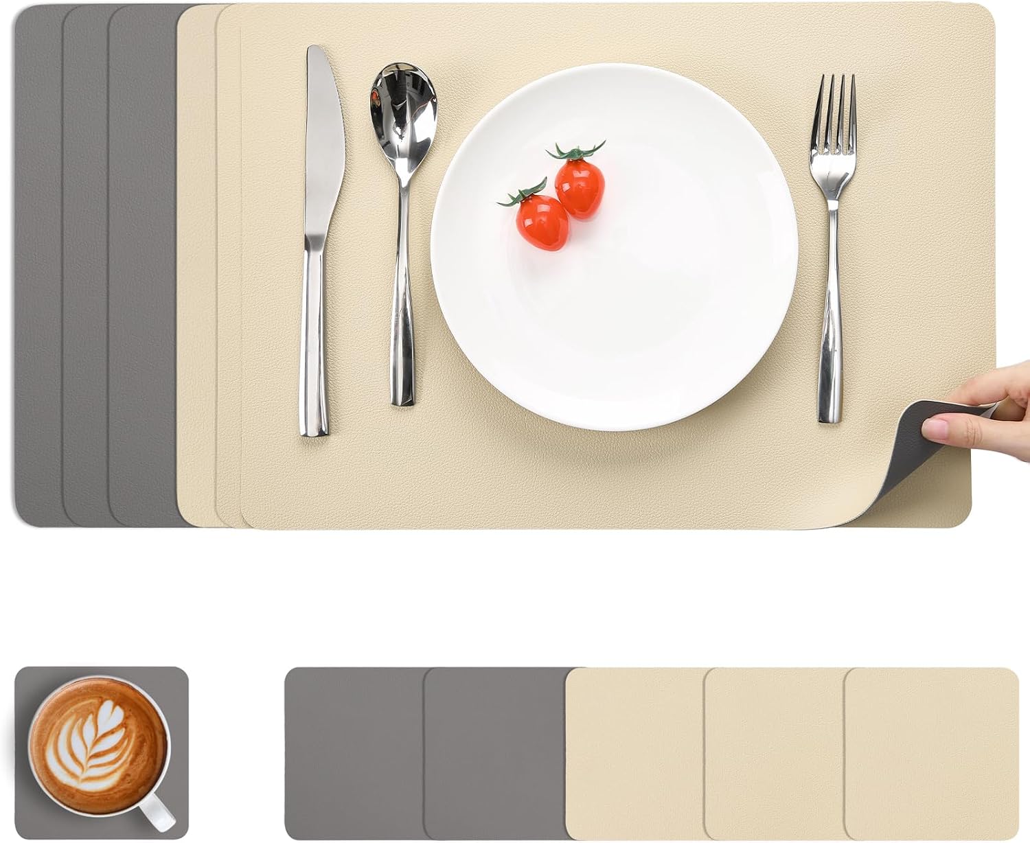 Thumbnail 6 de Myir JUN Tischsets Abwaschbar und Untersetzer – 4er Set, doppelseitig, Lederoptik grau