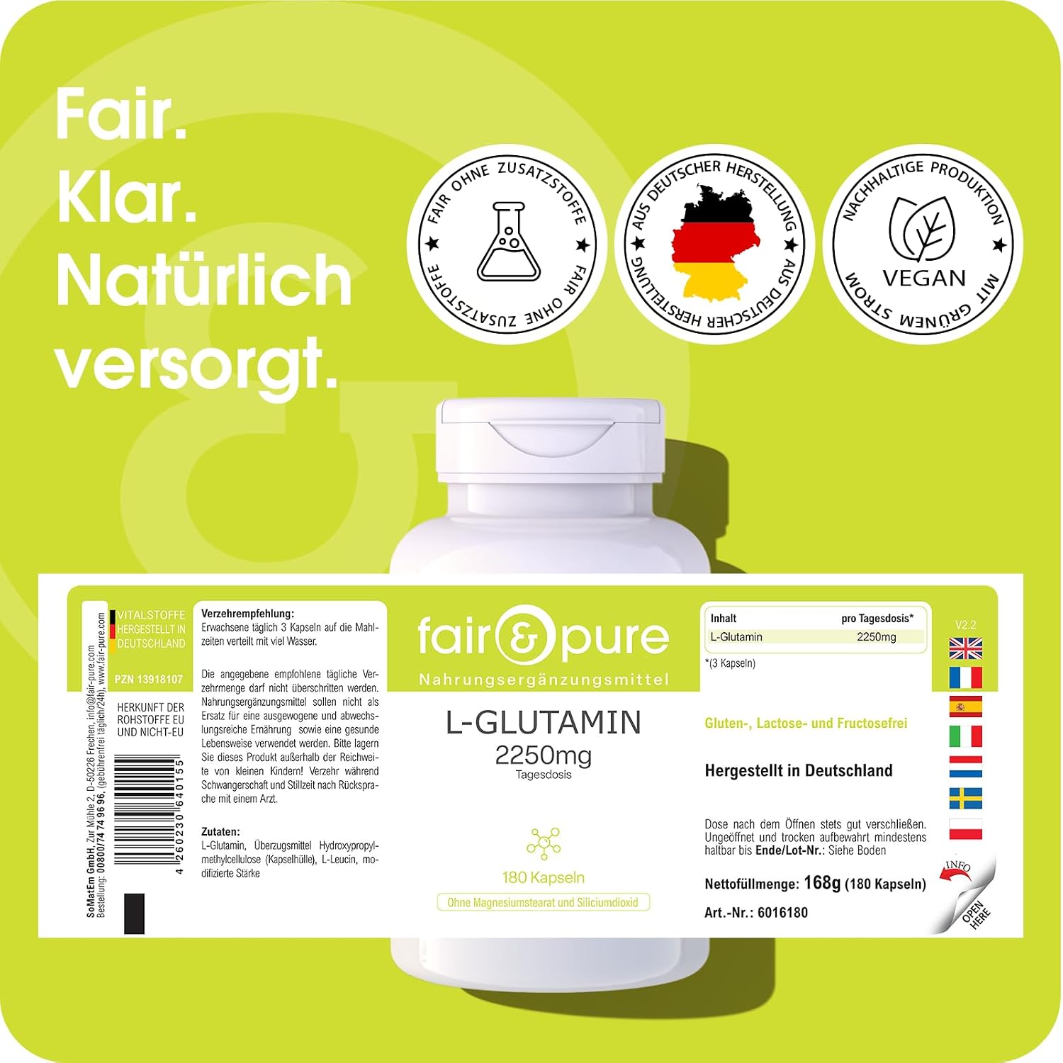 Detalle de Fair & Pure L-Glutamin 2250 mg Tagesdosis – 180 Kapseln