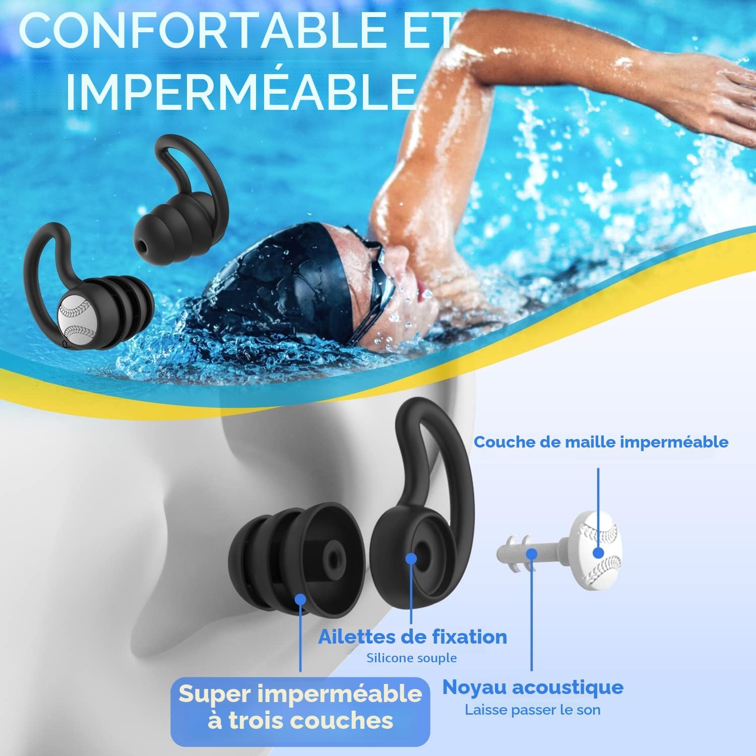 Detalle 2 de Lot de 3 paires de bouchons d’oreille WLSCTY en silicone souple (noir, bleu, vert) pour natation, douche et surf