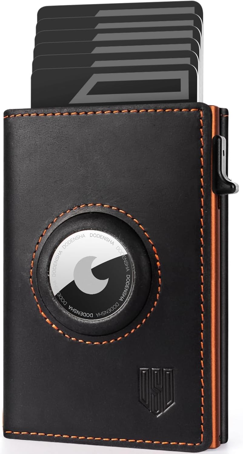 Detalle de DODENSHA AirTag porte-cartes homme avec protection RFID/NFC et porte-monnaie (Noir/orange)