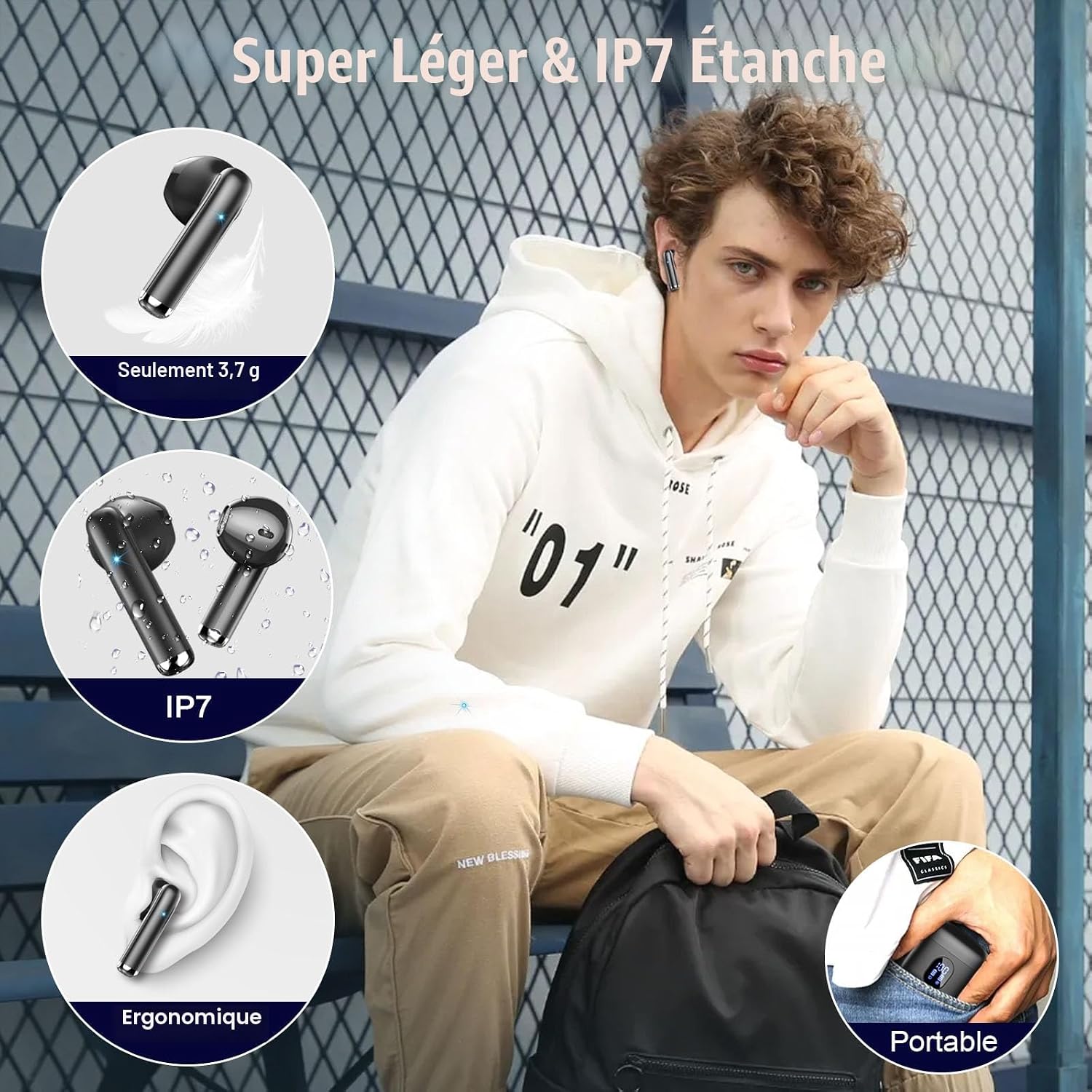 Detalle de Écouteurs Bluetooth sans fil Bluetooth 5.4 avec ENC, HiFi stéréo et réduction de bruit (jusqu’à -48 dB) — 30 h, IP7