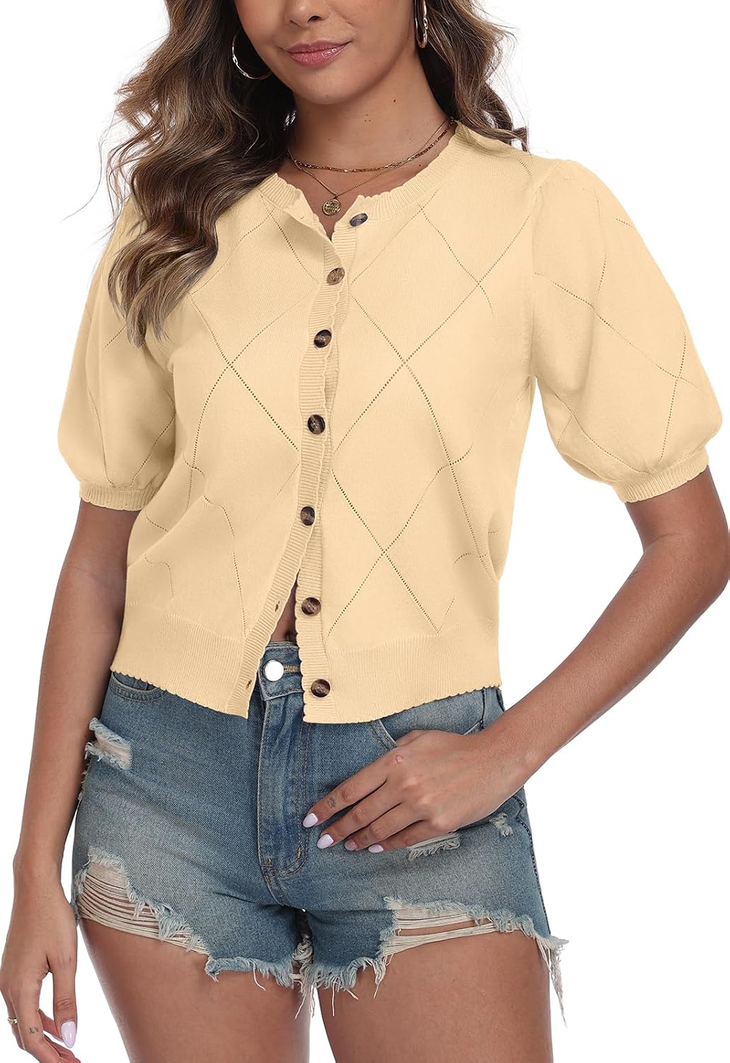 Detalle 2 de YUNDAI Women’s Puff Sleeve Cardigan – Lightweight Crew Neck Knit Top