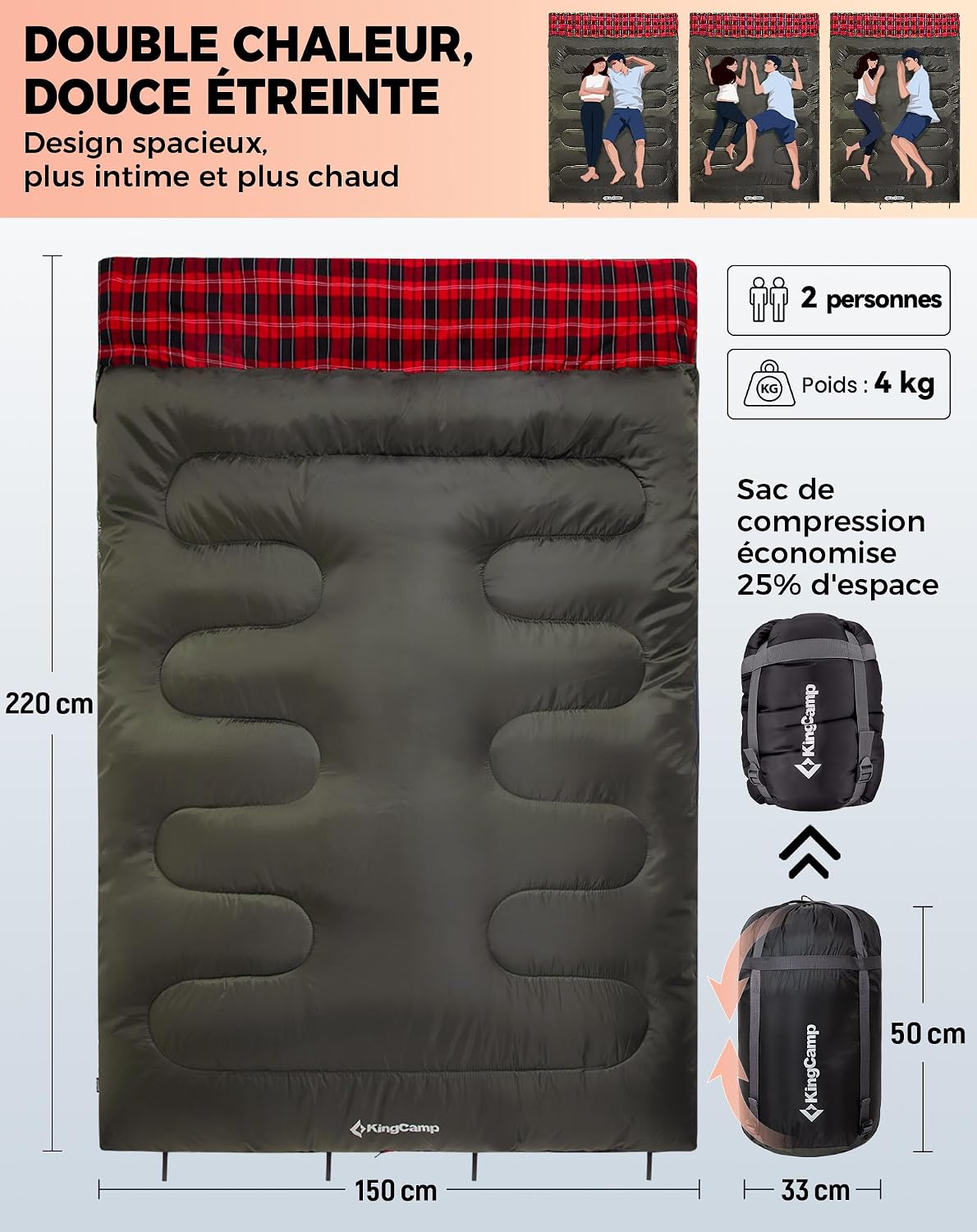 Detalle 2 de KingCamp Double Sac de couchage rectangulaire avec 2 oreillers (220 × 150 cm)