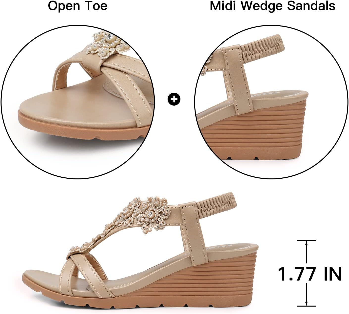 Thumbnail 4 de TEMOFON Women’s Low Wedge Platform Sandals with Elastic Ankle Strap (Open Toe, Flower Rhinestone Detail)