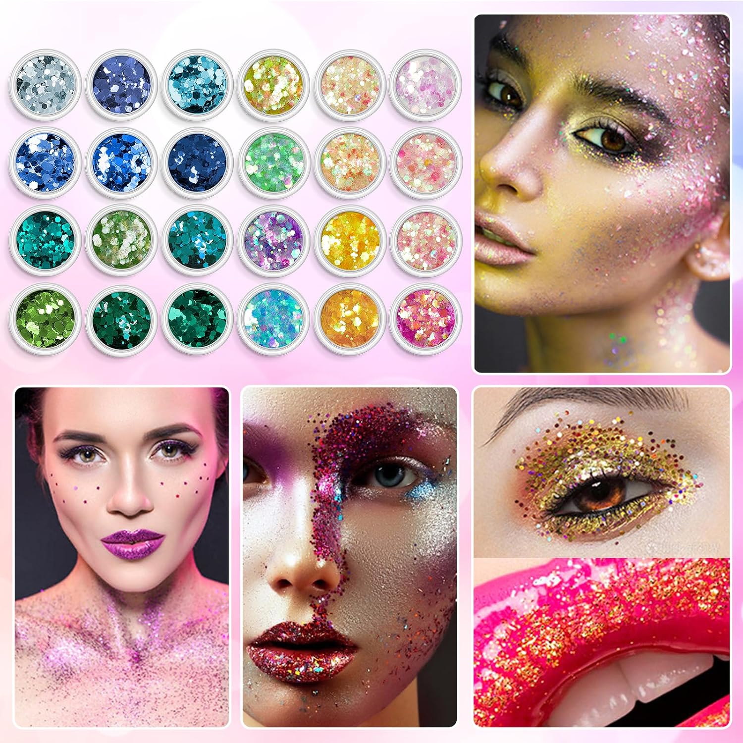 Detalle de AOOWU Paillettes Unghie: kit glitter in polvere olografico con 24 colori per DIY su unghie, viso e corpo