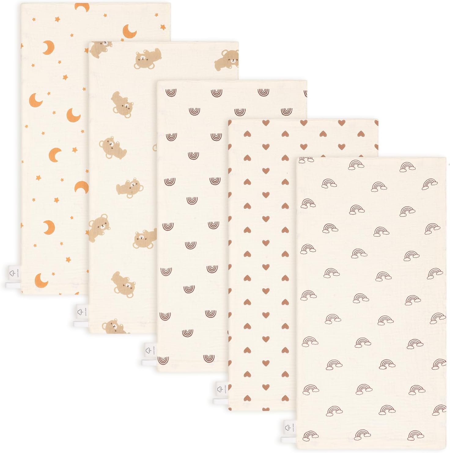 GSrenyu 5 Pack Muslin Cloths for Baby – 25x50cm 100% Cotton, Beige with 5 Patterns
