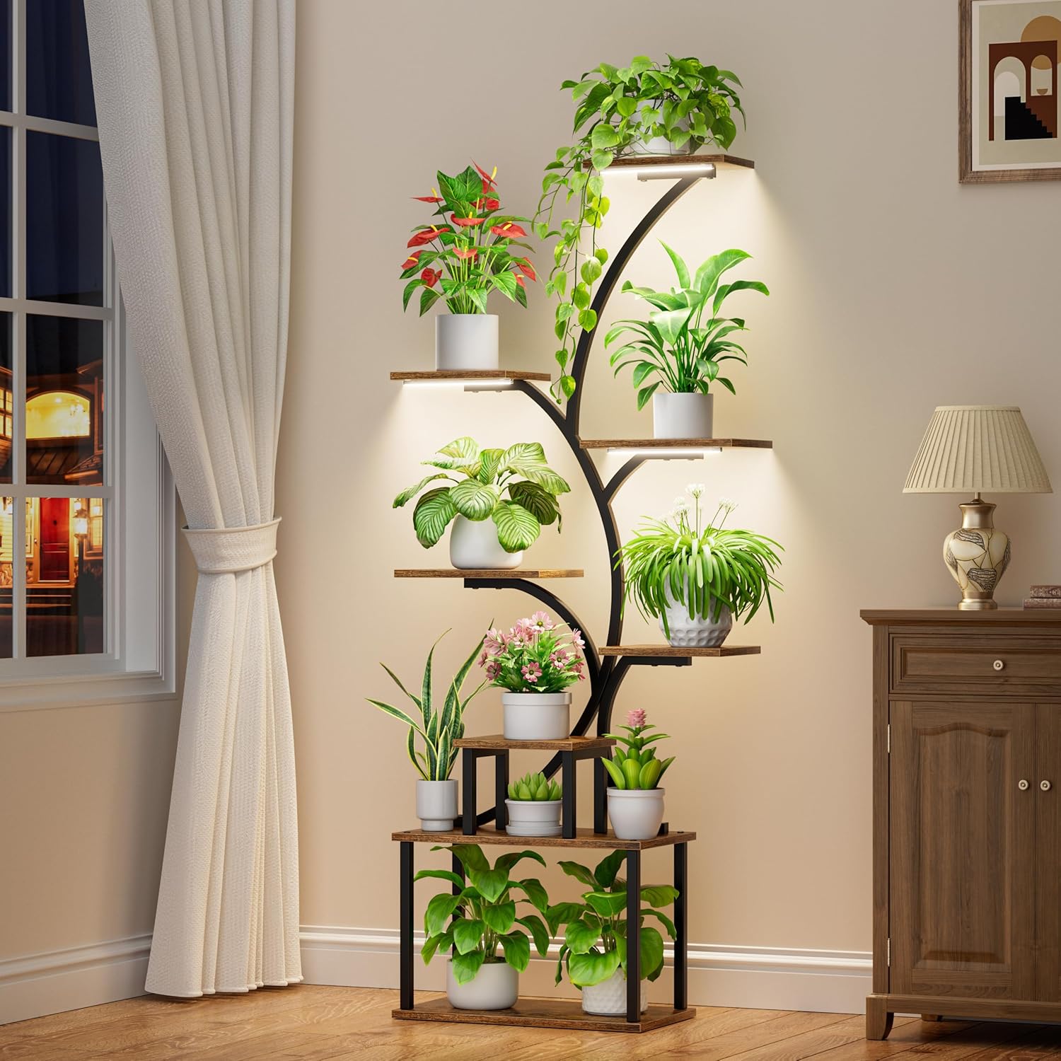 POZILAN 8-tier tall plant stand with grow light – metal plant shelf rack for indoor and patio use