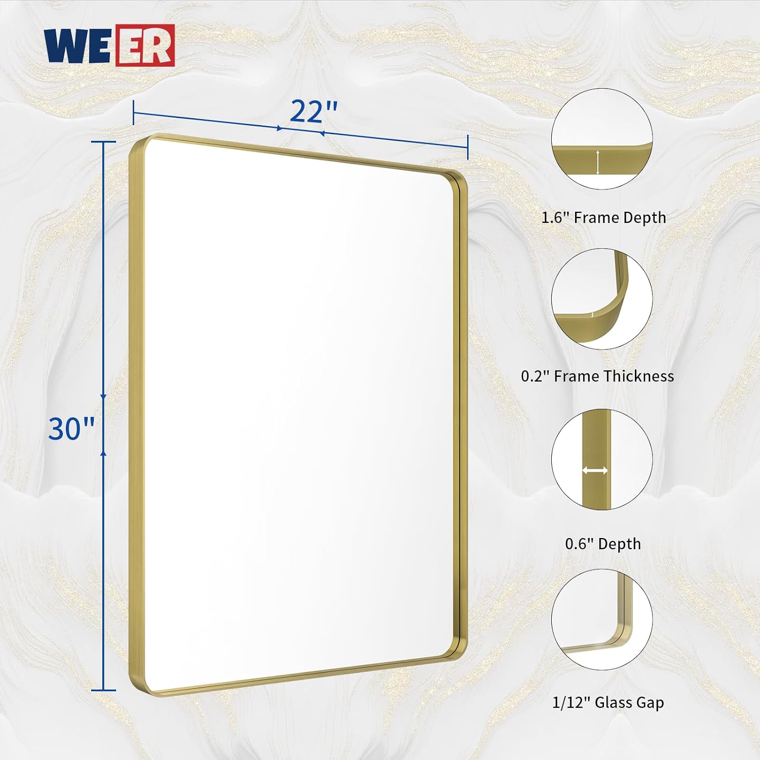 Thumbnail 5 de WEER Gold Bathroom Mirror, 22x30 Inch Brushed Gold Frame with Rounded Corners