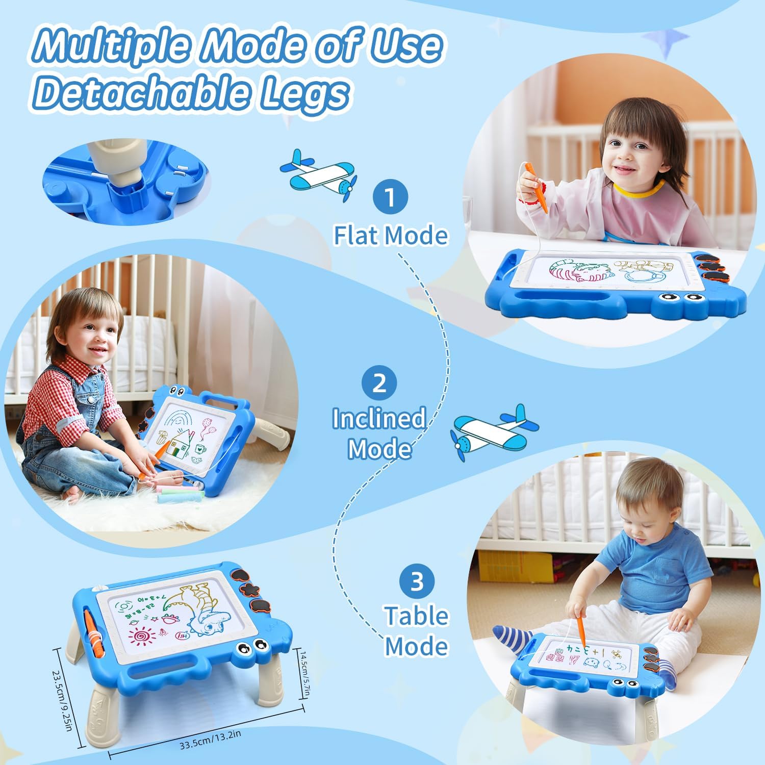 Detalle de AiTuiTui Tablette de dessin enfant avec 4 pieds amovibles et stylo magnétique (bleu) – 3 à 8 ans