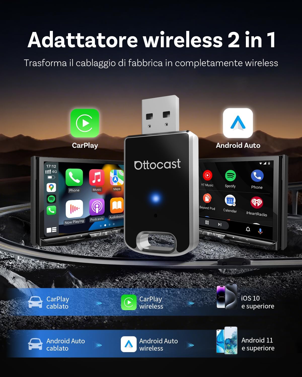 Thumbnail 1 de Ottocast Mini Edge 2025 Aggiornato: Adattatore Wireless 2 in 1 CarPlay & Android Auto per iOS 10+ e Android 11+