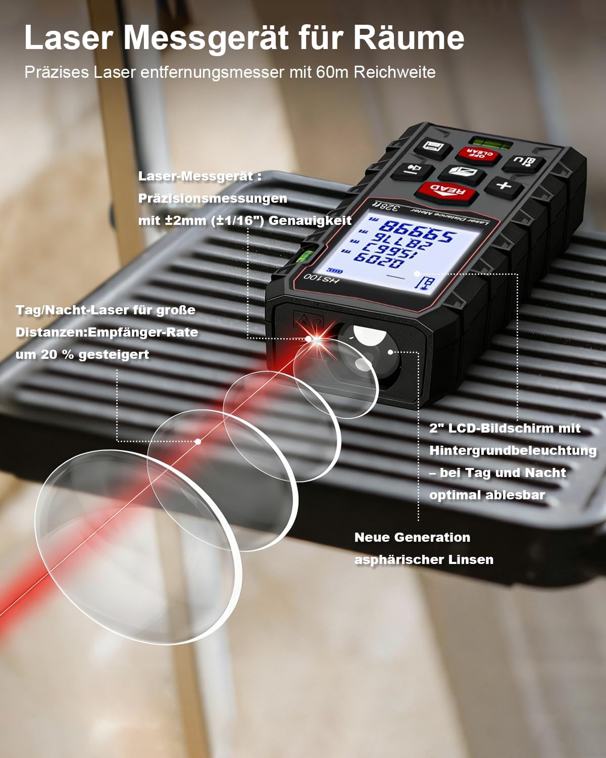 Detalle 2 de Charcity Laser Entfernungsmesser für Räume – Dual-Level, IP54, Innen & Außen