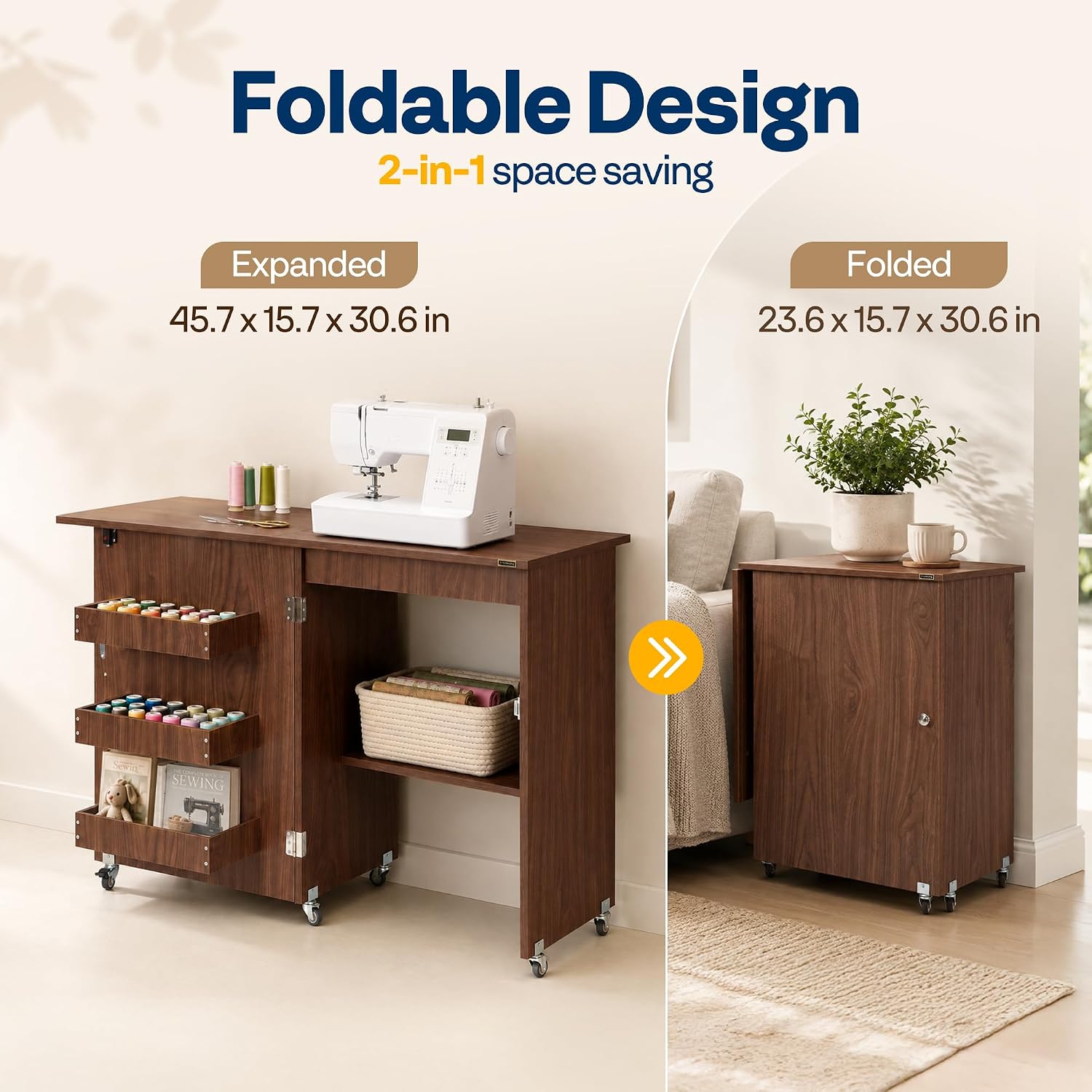 Detalle de VIVOHOME VH1080-WA Folding Sewing Table with Storage, Walnut