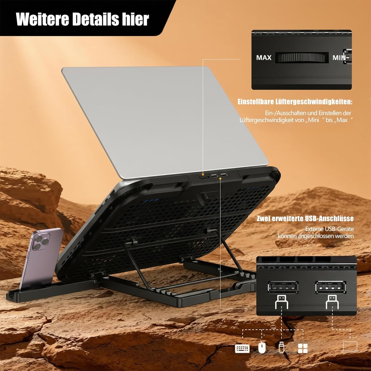 Detalle de Laptop Cooling Pad with 3 Quiet Fans and 5-Level Ergonomic Stand