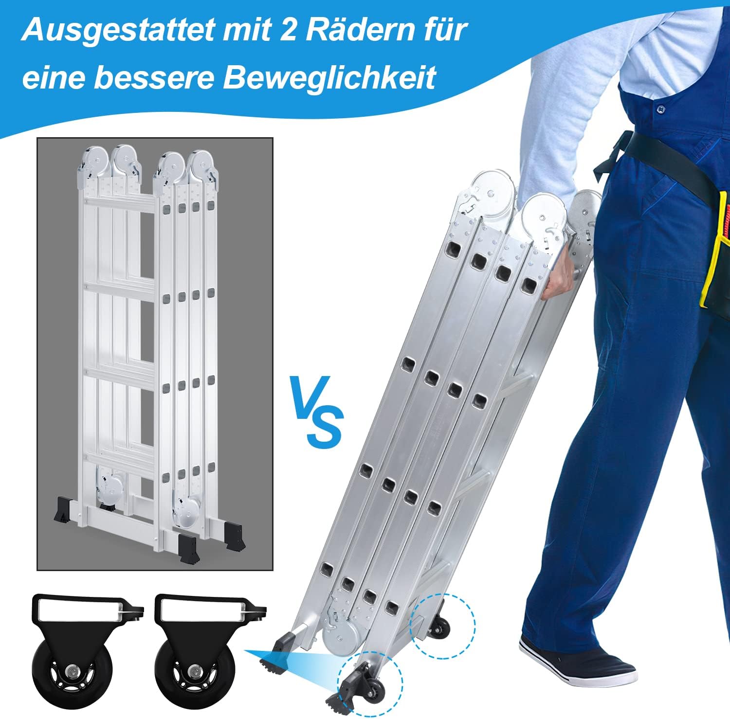 Thumbnail 2 de Ansobea 4.7M Aluminium Mehrzweckleiter 4x4 Stufen – robuste 6-in-1-Leiter mit Plattform und Rädern