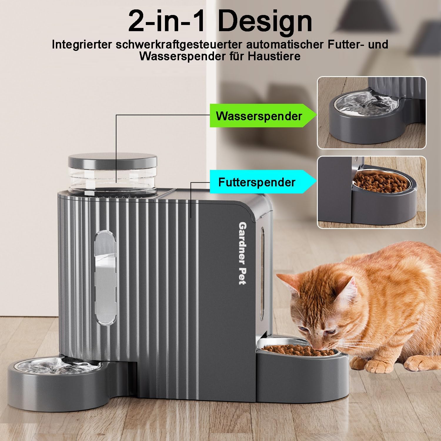 Detalle de Gardner Pet automatischer Futter- und Wasserspender (2 Näpfe, 3 L + 1,3 kg), nicht elektrisch, BPA-frei