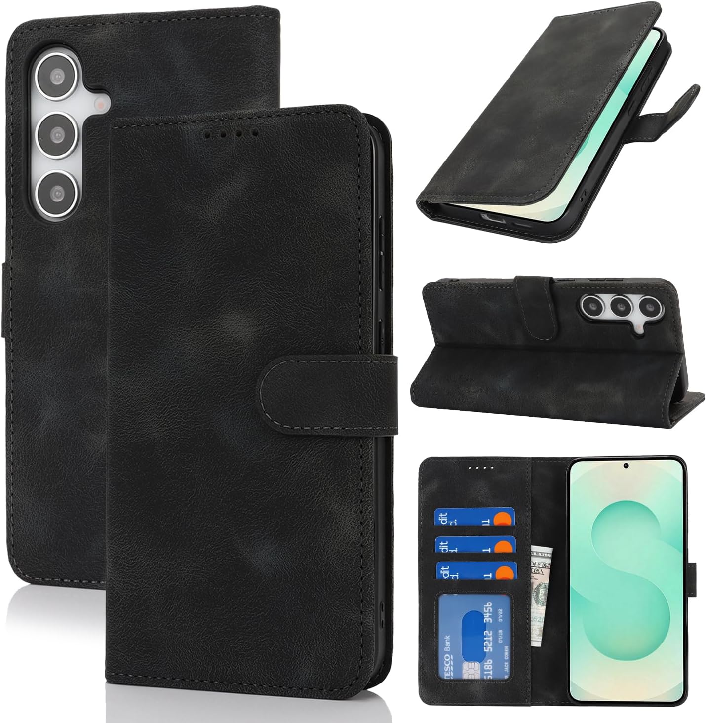 Detalle de Zouzt Hülle für Samsung Galaxy S25 Plus – Stoßfeste PU-Leder Klapphülle mit Kartenhalter und Standfunktion (Vintage Schwarz)