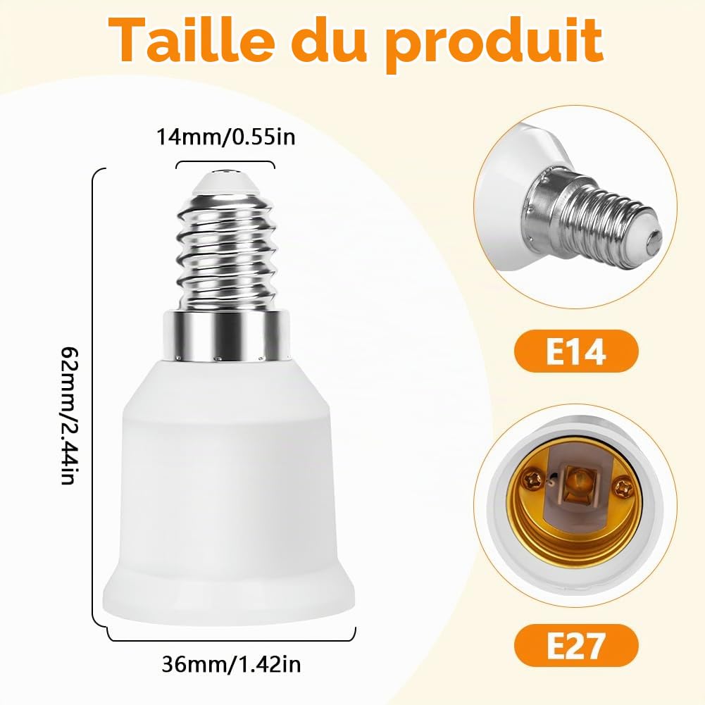 Detalle de AUAUY E14-naar-E27-fittingadapter, 4 stuks, tot 60 W, wit