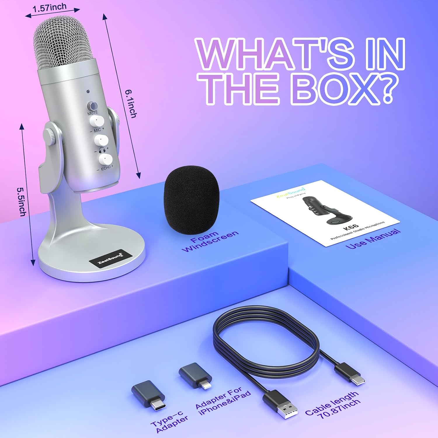 Thumbnail 6 de ZealSound K66 USB Kondensator-Mikrofon – Plug & Play für PC, Laptop und Handy (Silber)