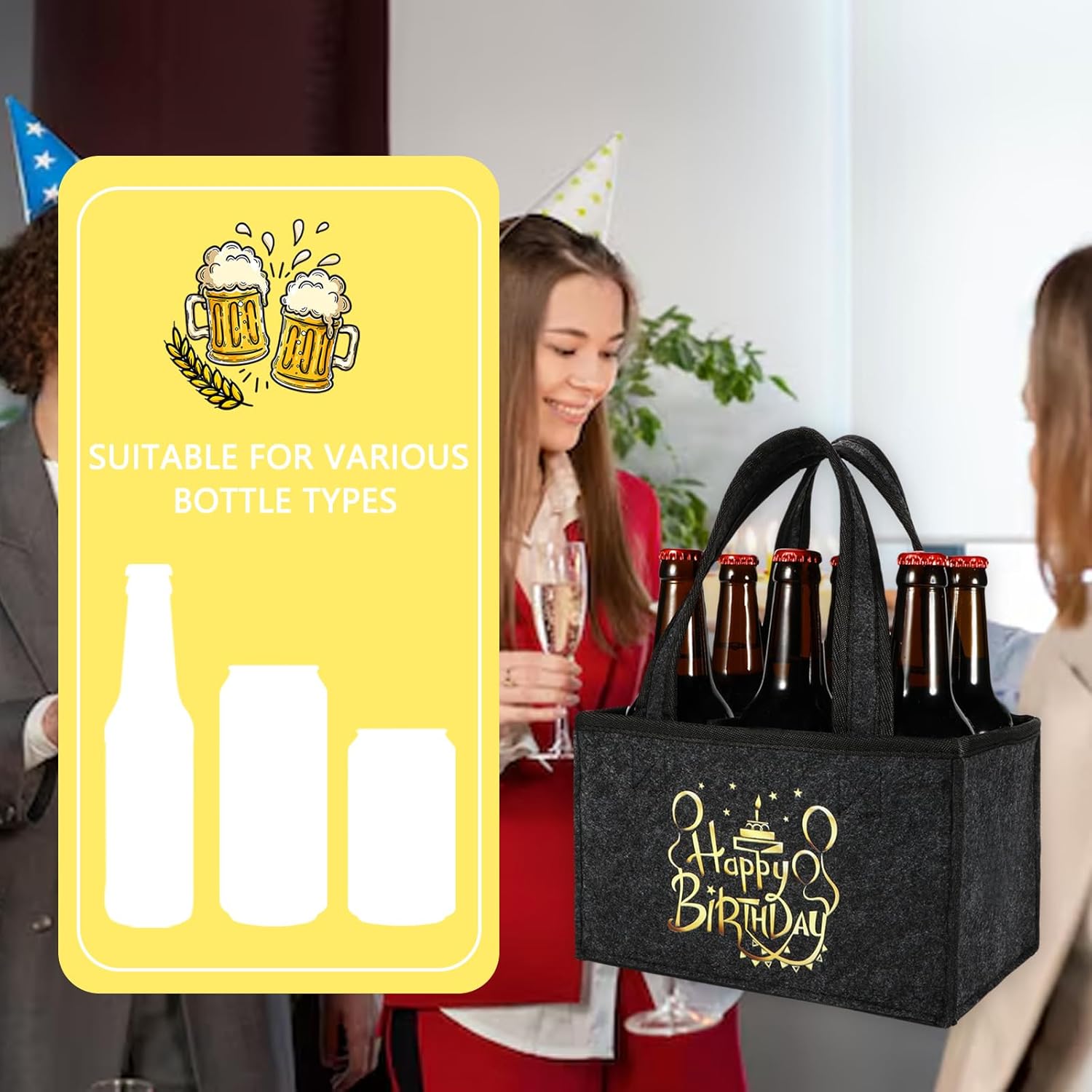 Detalle de KHstylehoo Männerhandtasche Bier – Flaschentasche für 6 Flaschen mit „Happy Birthday“-Design