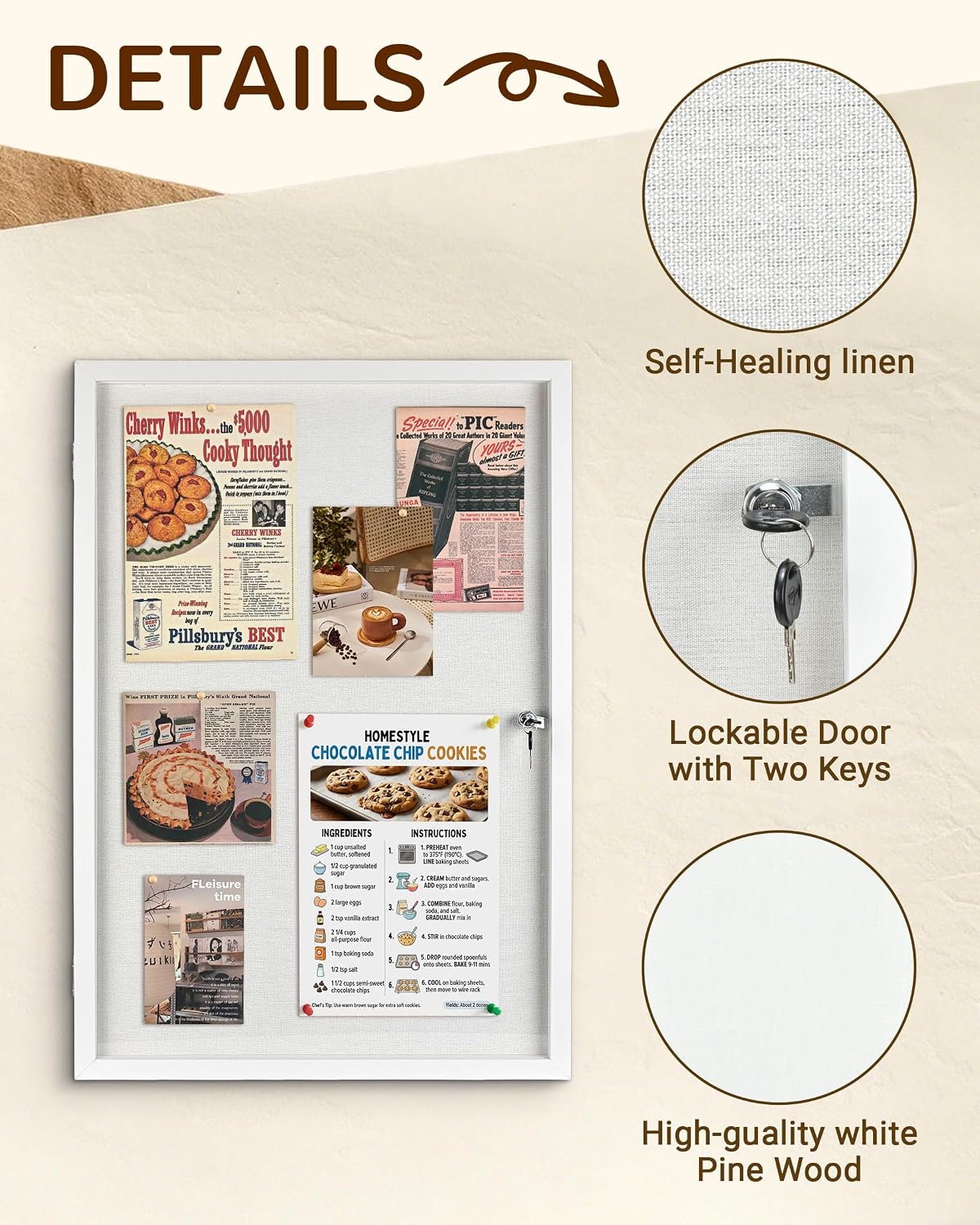 Detalle de Okydoky Enclosed Linen Bulletin Board, 36” x 24”, Lockable PET Door