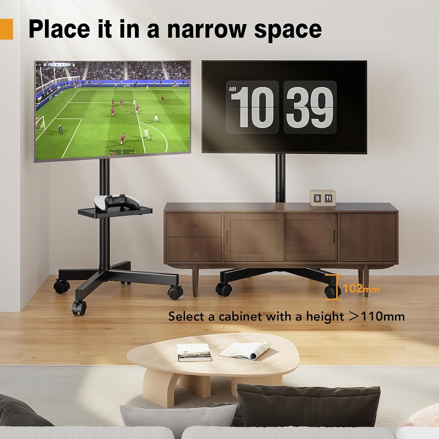 Detalle 2 de Hemudu Rolling TV Stand on Wheels for 32–60 inch TVs (Max VESA 400×400mm)