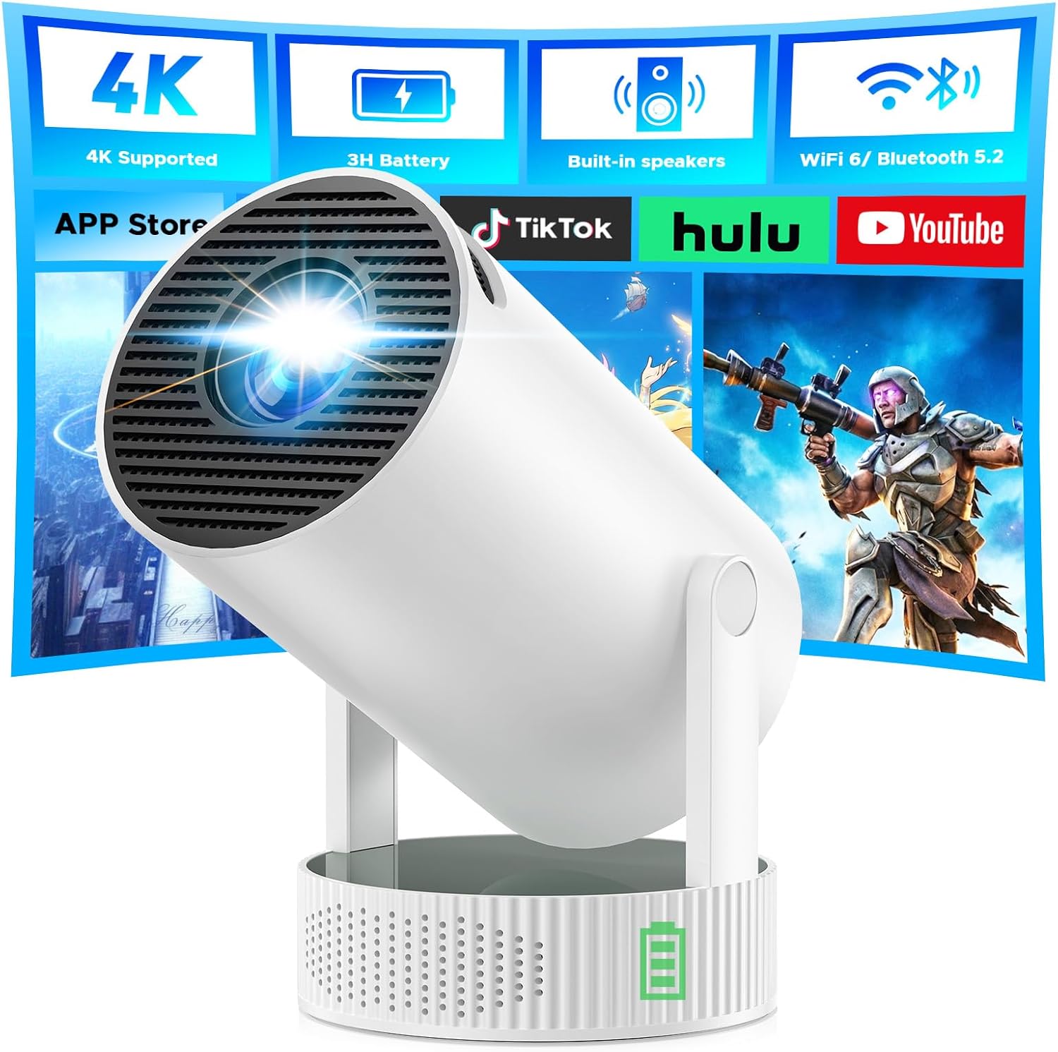 Detalle de 4K Mini Beamer mit Akku: Android 11.0, WiFi 6 & 220° Rotation – Tragbarer Projektor für Heimkino und Outdoor