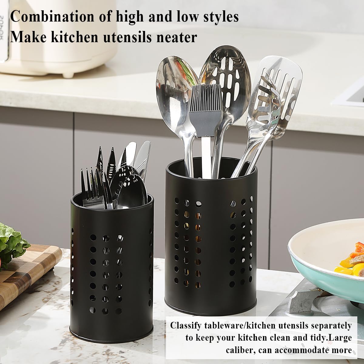 Detalle de Pack de 2 porte-ustensiles de cuisine Evanda pour comptoir, noir en acier inoxydable