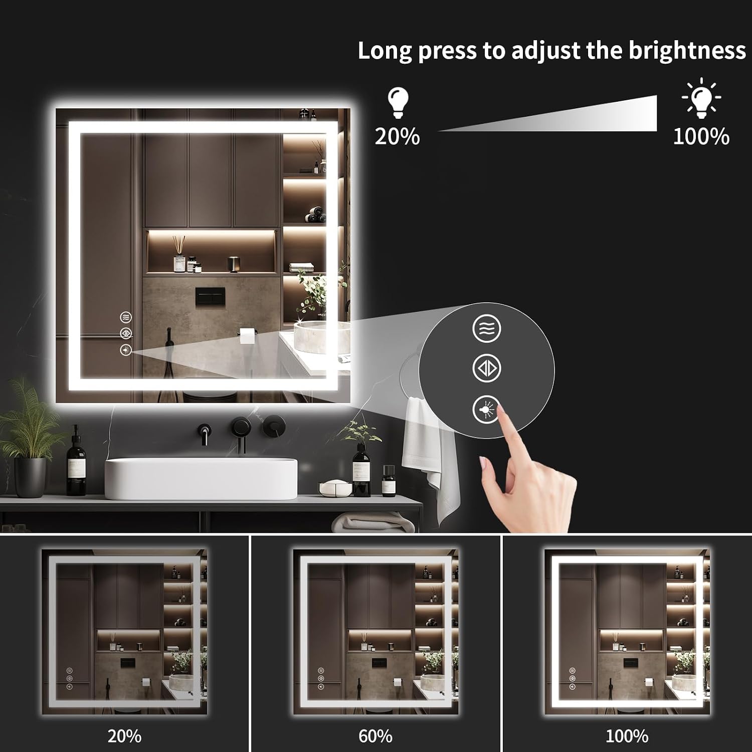 Thumbnail 3 de WISSMIELS 30x30 LED Bathroom Mirror with Lights — Dimmable, Defog, Memory Function, Shatter-Proof Tempered Glass