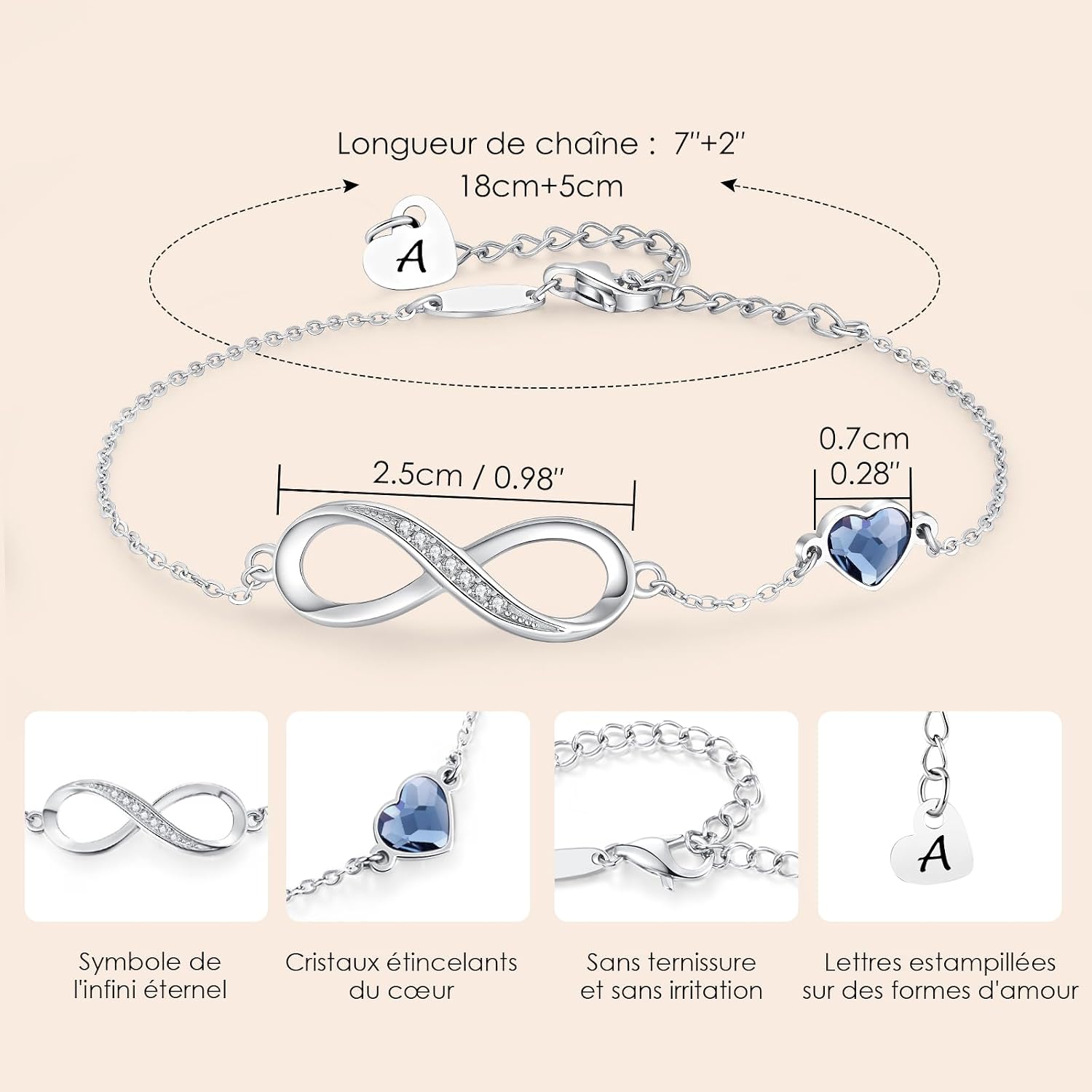 Detalle de Bracelet femme LOUISA SECRET Argent 925 infini à cœur et initiale réglable