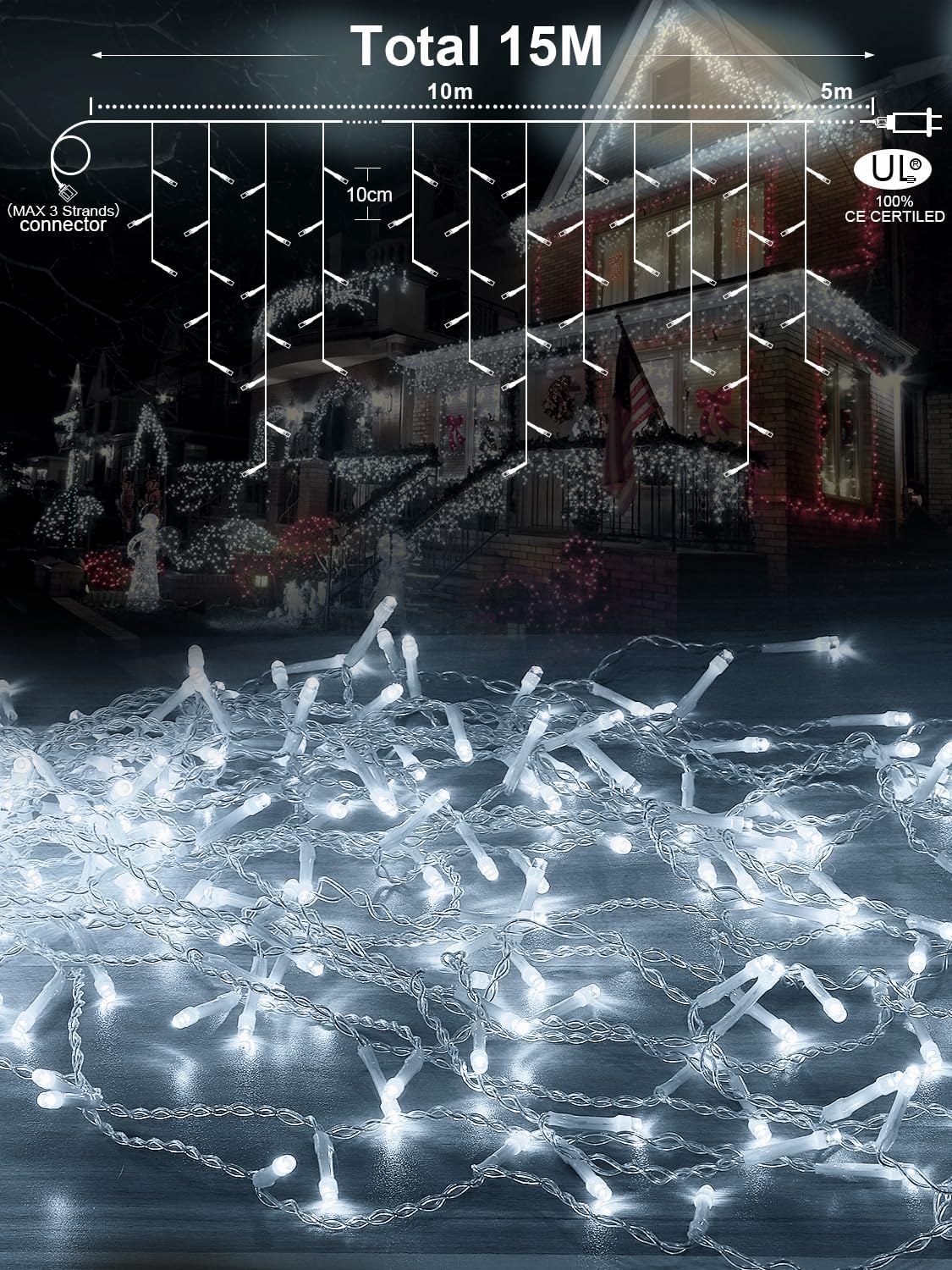 Detalle de DREAMLAND 50 ft Christmas Icicle Lights, 320 LEDs, IP65 Bulbs, Adjustable Brightness
