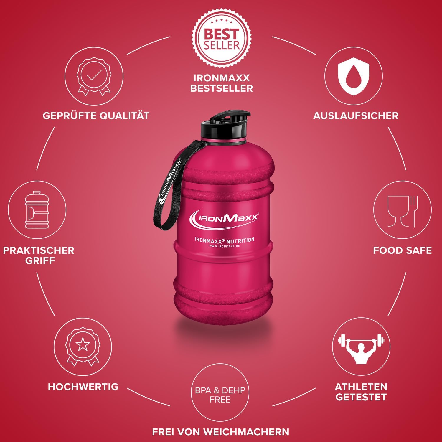 Detalle de IronMaxx Water Gallon Frosted Red 2200ml – BPA & DEHP frei, auslaufsicher, mit Messskala