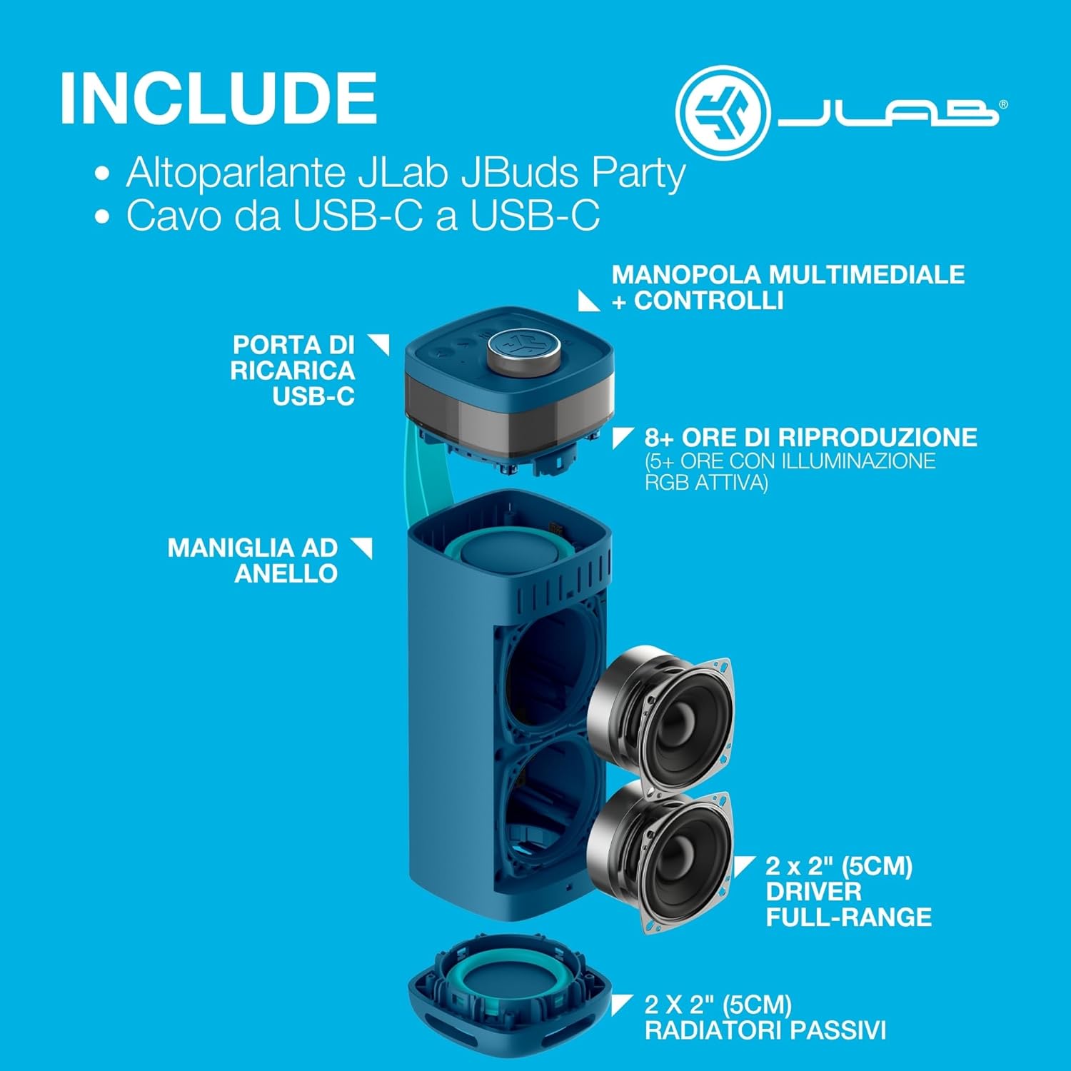 Thumbnail 6 de JLab JBuds Party cassa Bluetooth portatile da 30W con luci RGB e resistenza IP56 (blu navy)