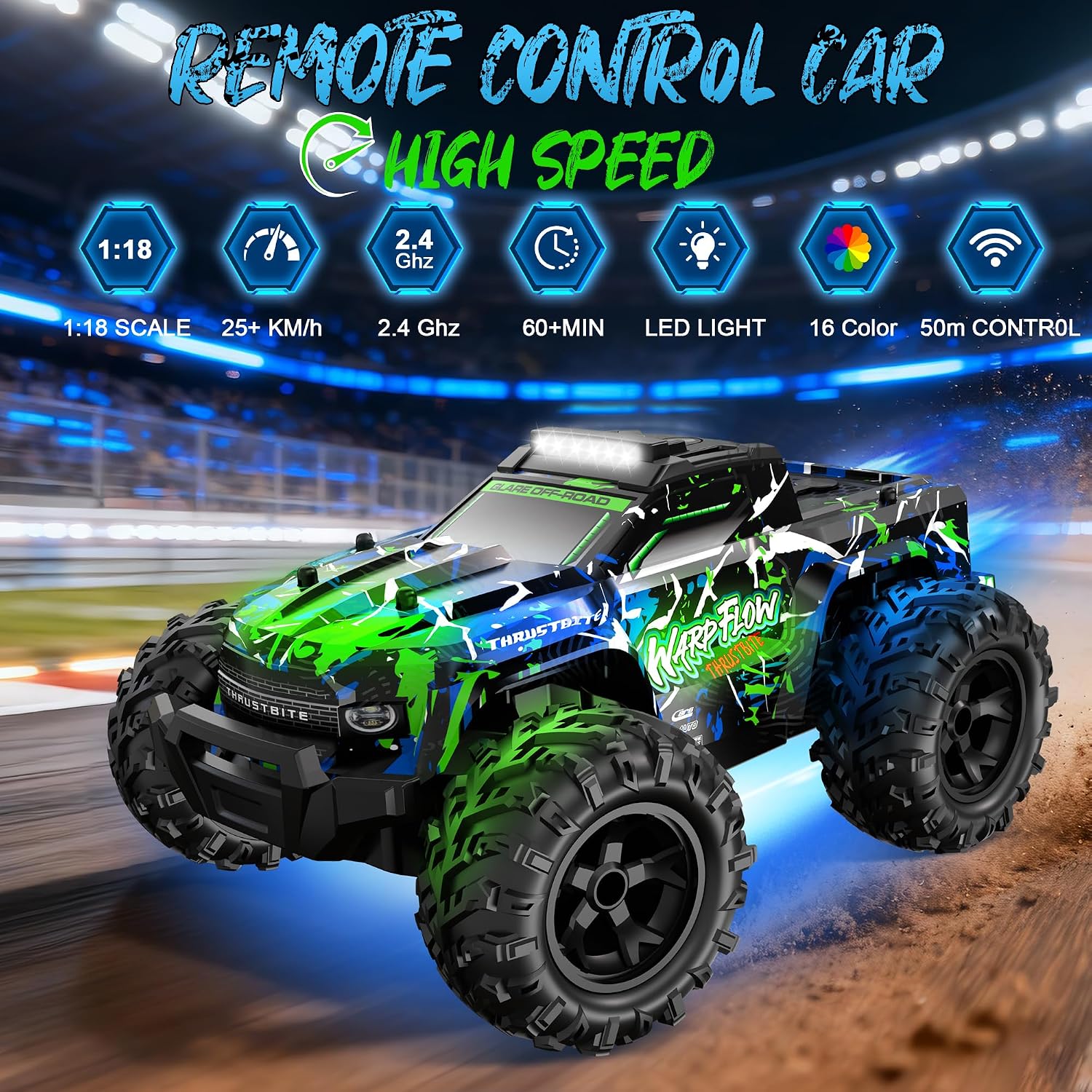 Detalle 2 de BAZADER Voiture Télécommandée Tout Terrain 1:18 – 2 Batteries, LED, Brumisateur et 2,4 GHz