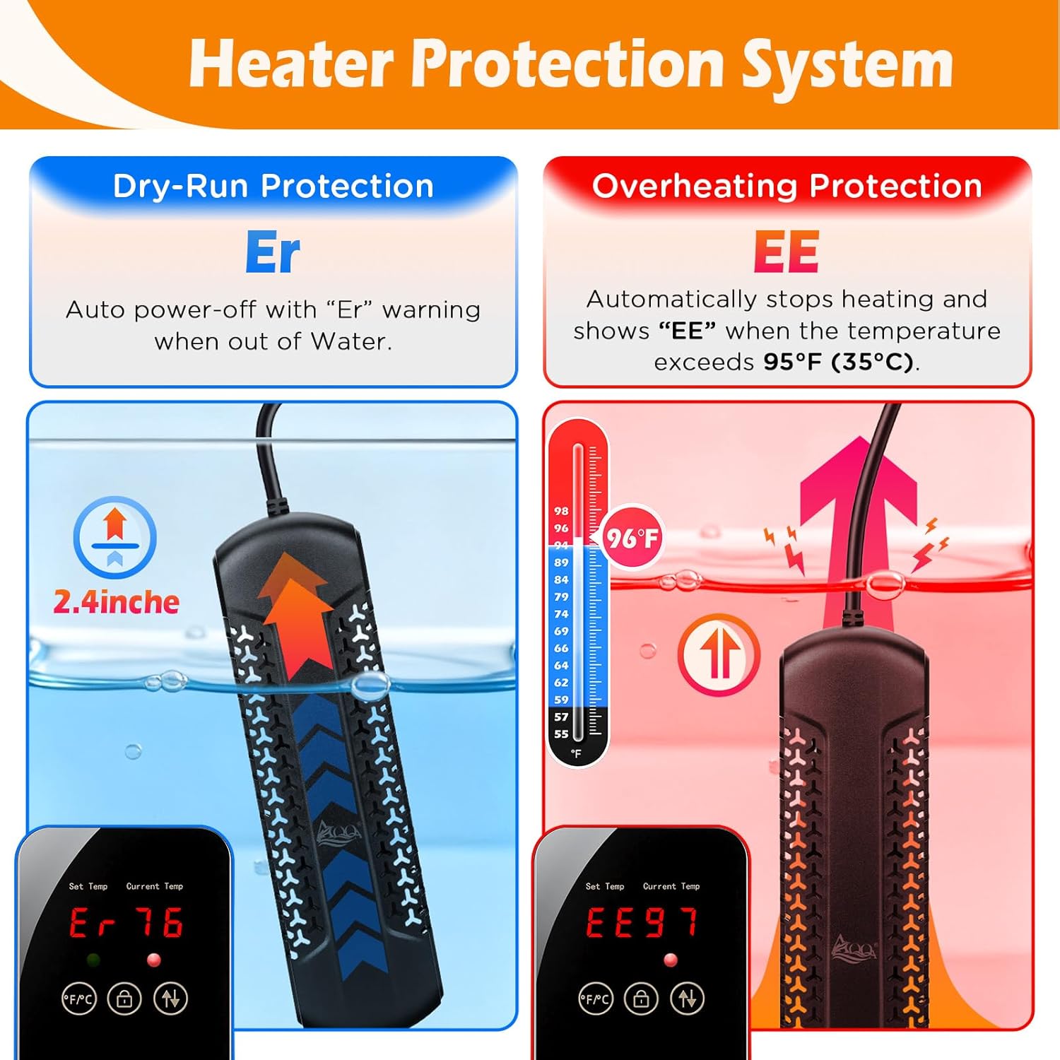 Detalle 2 de AQQA Aquarium Heater 1000W with External LED Thermostat Controller (Quartz, submersible) for 510–980L tanks