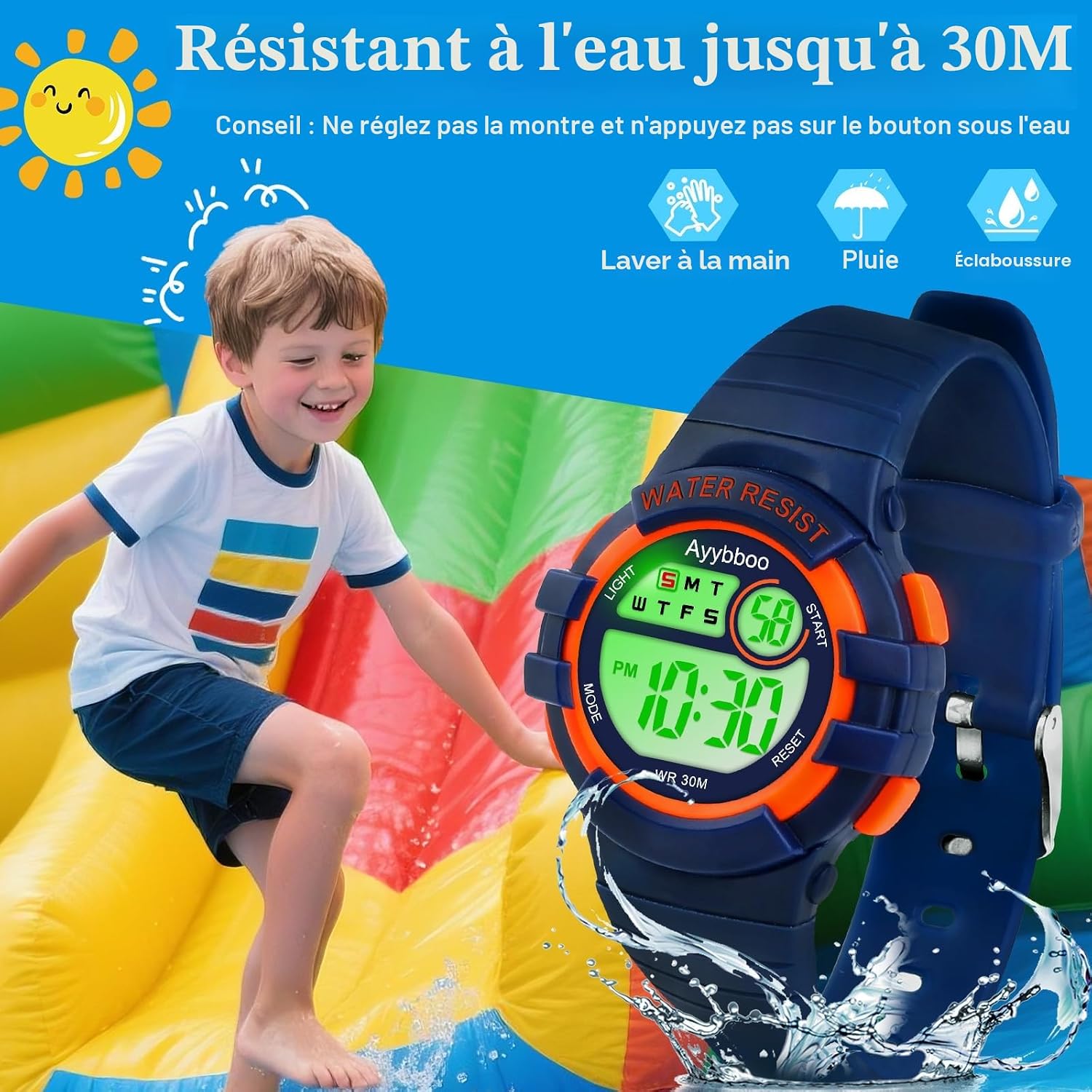 Detalle de Ayybboo Montre Enfant Numérique – LED 7 couleurs, étanche 30m, alarm et chronomètre, cadeau idéal