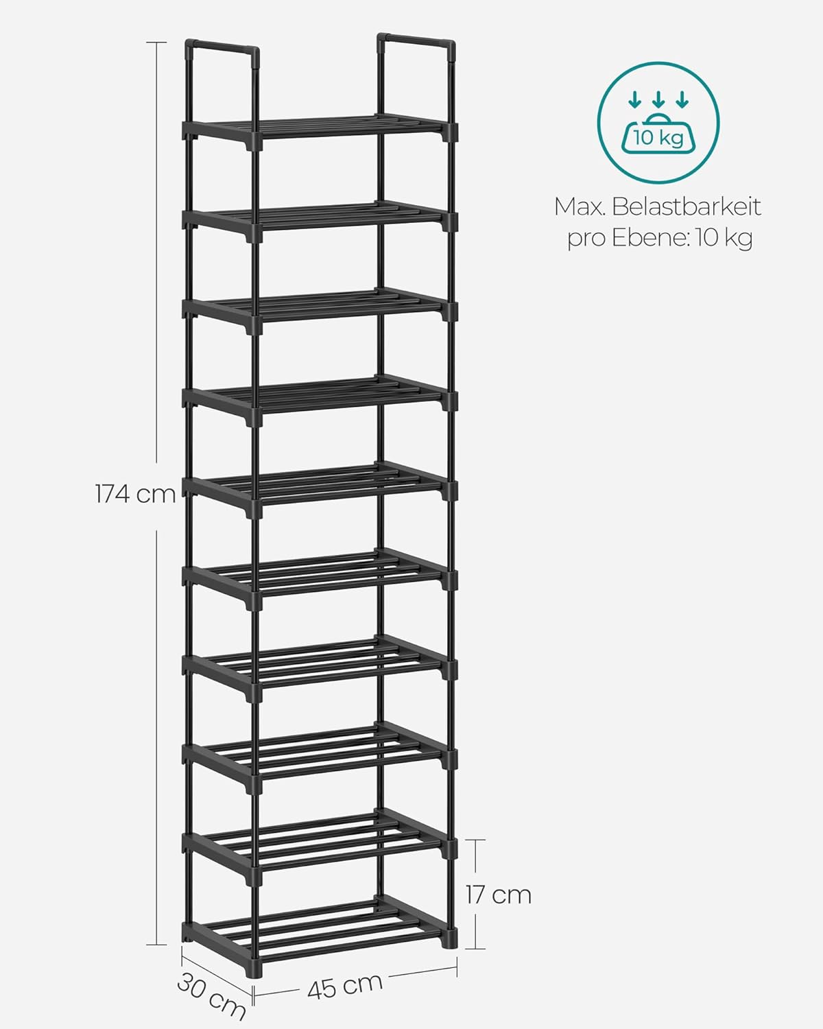 Thumbnail 2 de SONGMICS Schuhregal LSA25BK mit 10 Ebenen – schmaler, offener Schuhschrank aus Metall (30 x 45 x 174 cm)