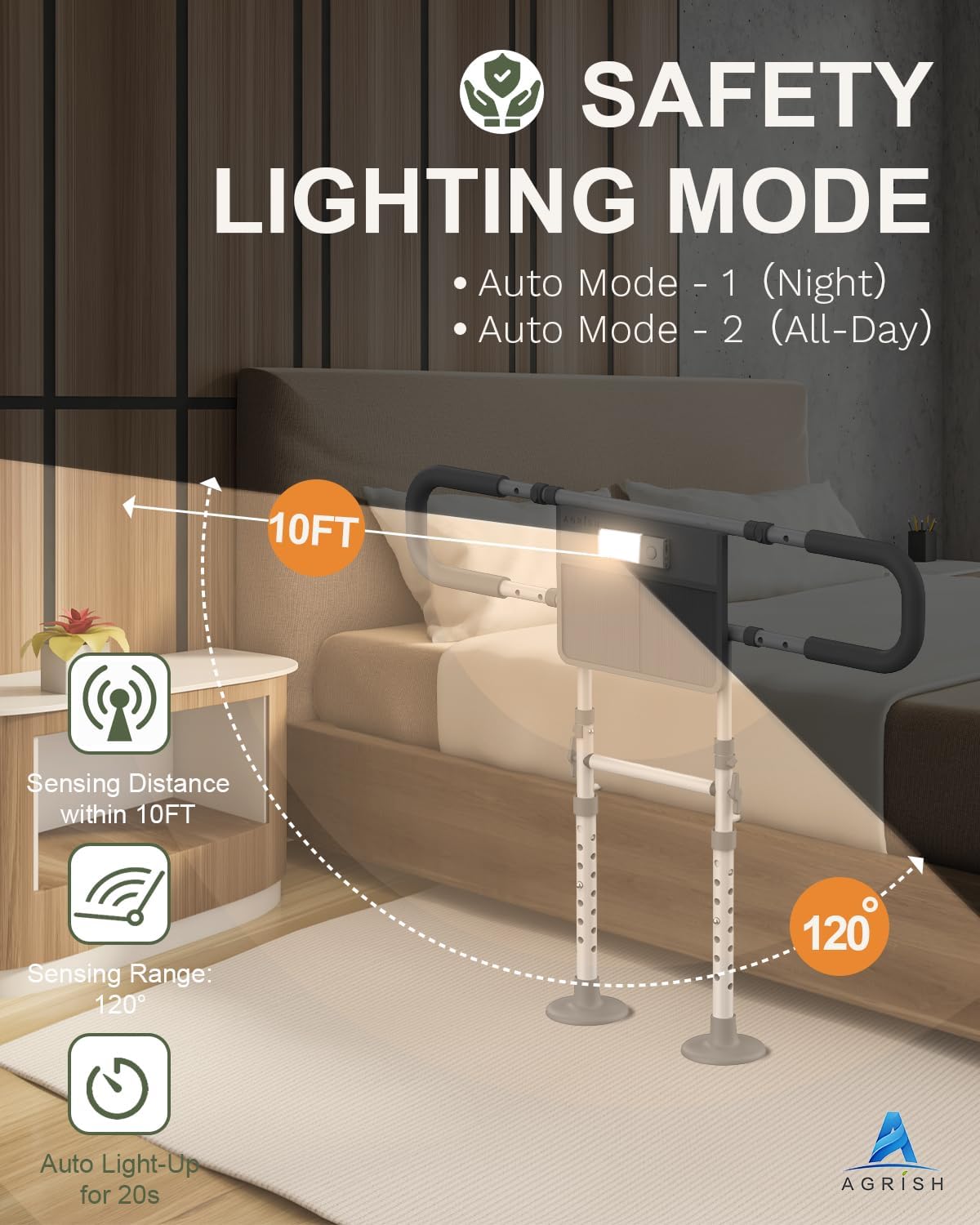 Thumbnail 2 de Agrish Bed Guard for Elderly Adults with Motion Sensor Light and Storage Pouch – Adjustable Safety Rail for Seniors