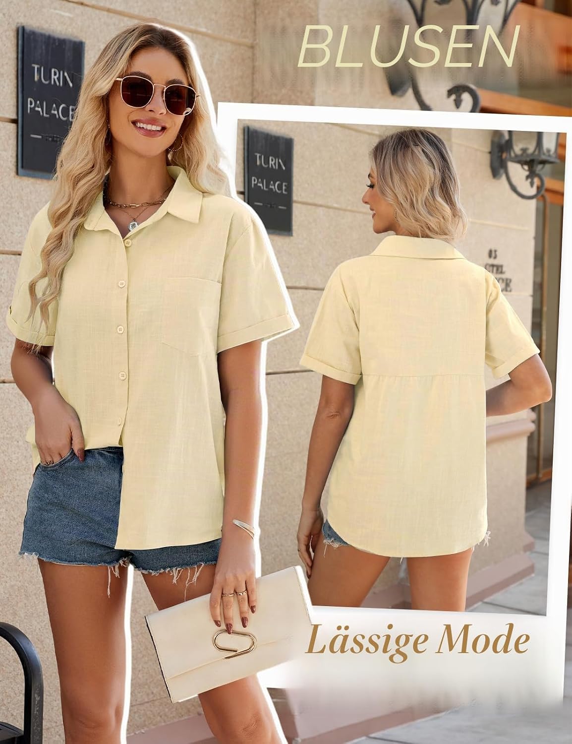 Detalle de UMIPUBO Musselin Bluse Damen – Sommerbluse aus 100% Baumwolle mit V-Ausschnitt und Knöpfen