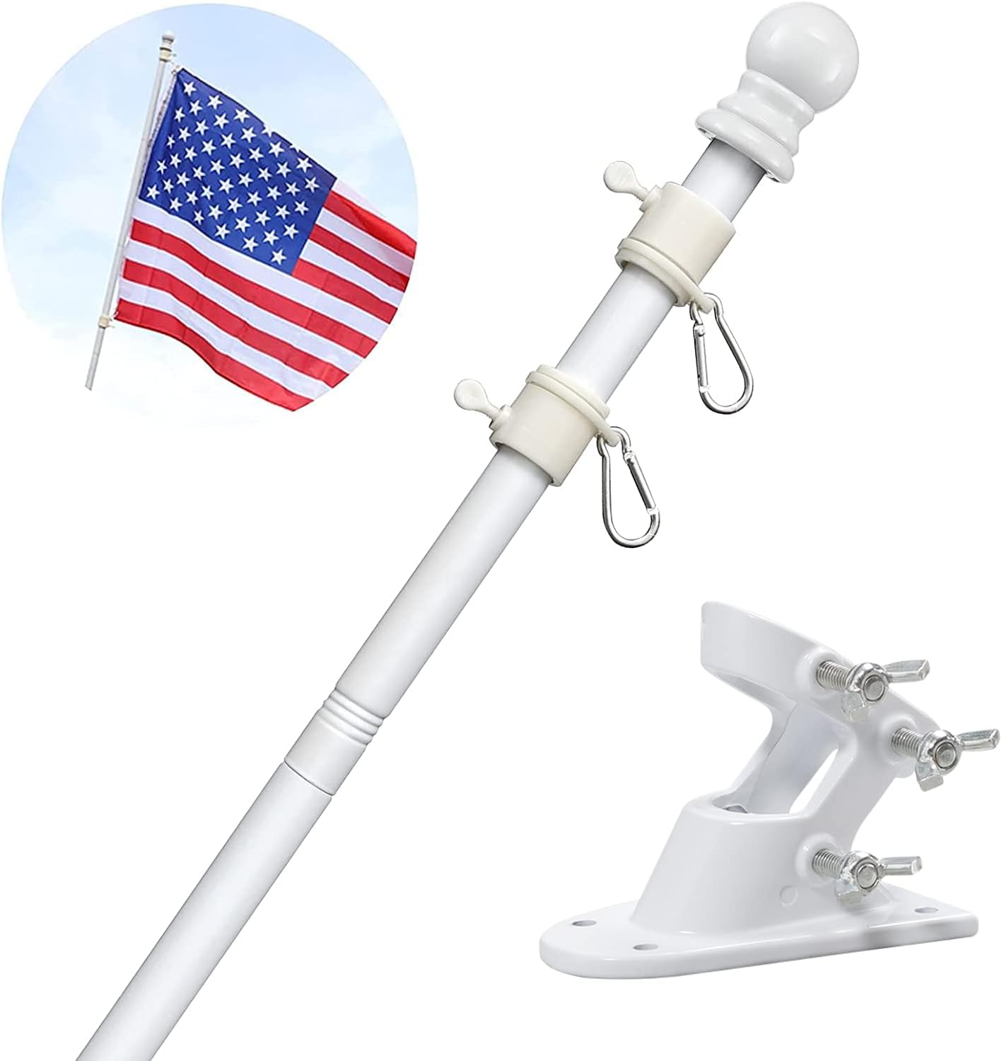Detalle de Barcetine 01 White Flag Pole Kit, 5–6 ft, Rotating Rings, 2-Position Bracket