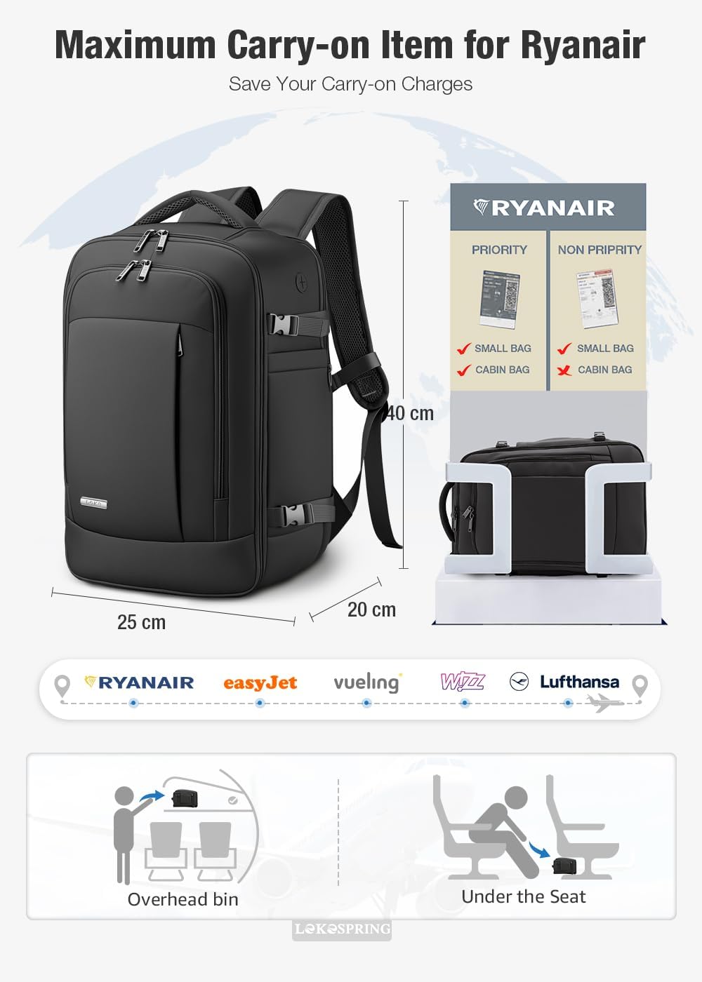 Detalle de Lekespring Rucksack Handgepäck 40x20x25 cm – kompakter Begleiter für Kurzreisen