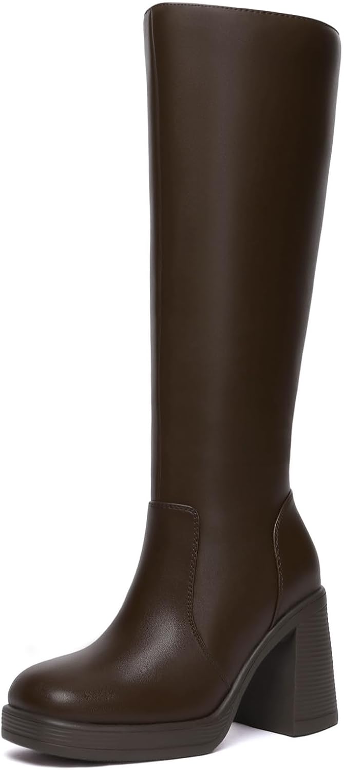 Detalle de Athlefit AD00543 Knee-High Platform Boots, Wide-Calf Fit, Side Zipper