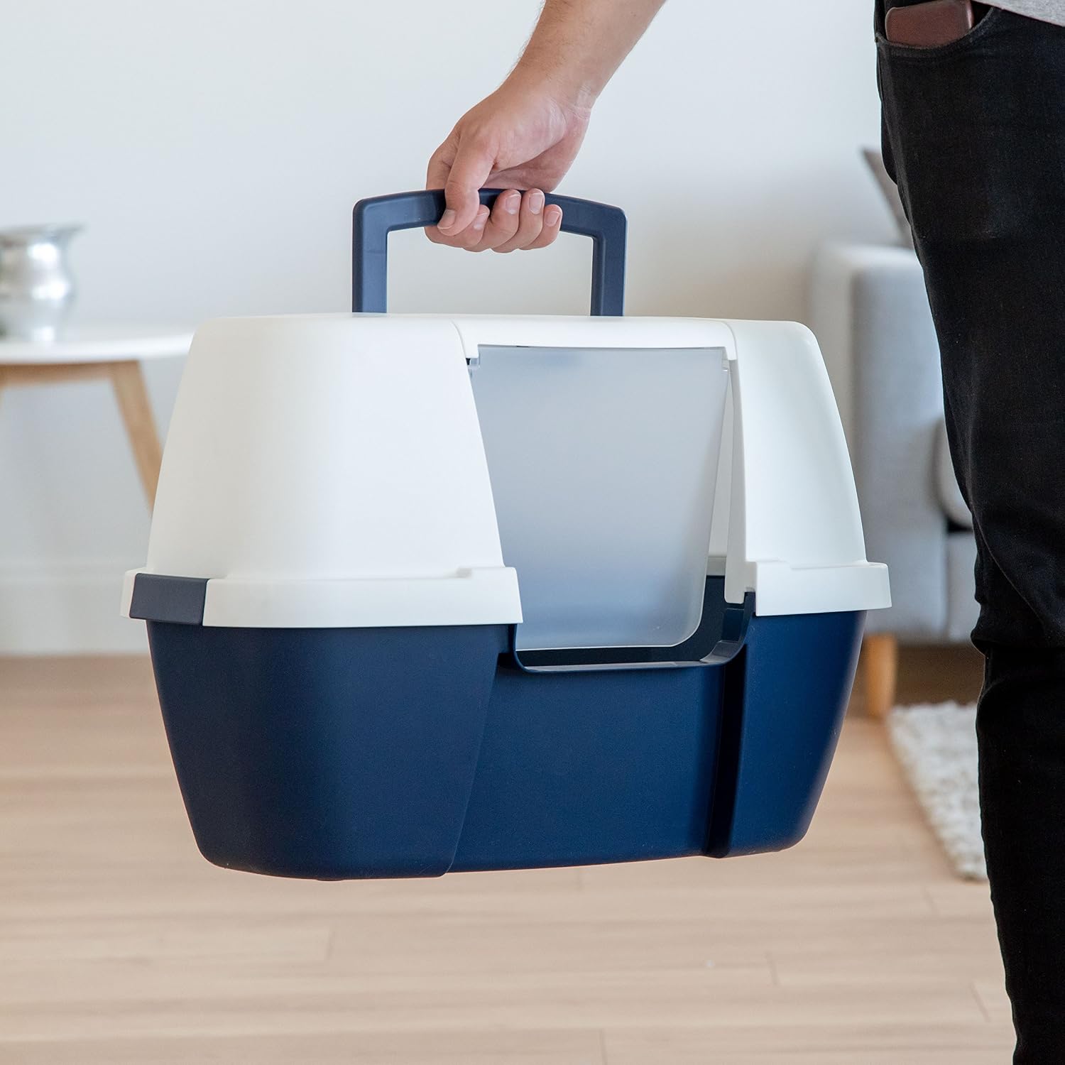 Thumbnail 6 de IRIS USA 588426 Large Corner Cat Litter Box, Covered Navy/White Design