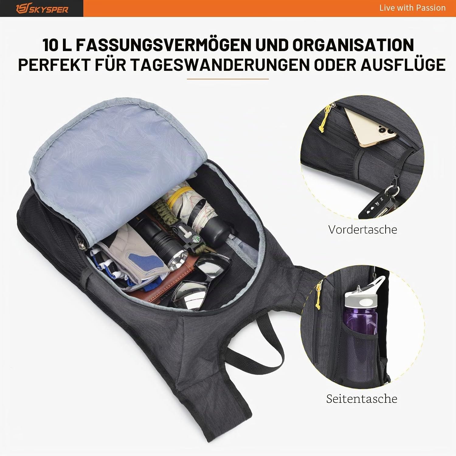 Detalle de SKYSPER faltbarer Ultraleicht-Rucksack 10/15/20 L – wasserfeste Daypack für Tagesausflüge & Reisen