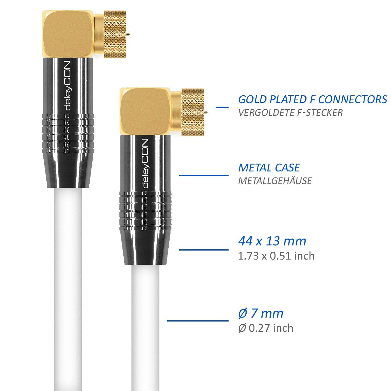 Detalle de deleyCON 2m SAT Antennenkabel – 90° F-Stecker, 4K/HDTV, Weiß