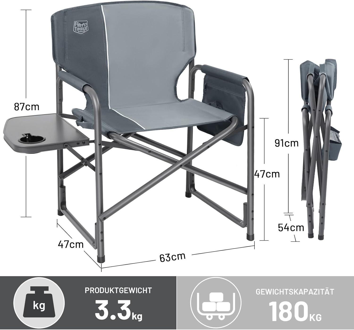Thumbnail 2 de TIMBER RIDGE faltbarer Camping-Director-Stuhl (2er-Set) mit Seitentisch, Tasche und Getränkehalter – bis 180 kg, ultraleicht 3,3 kg